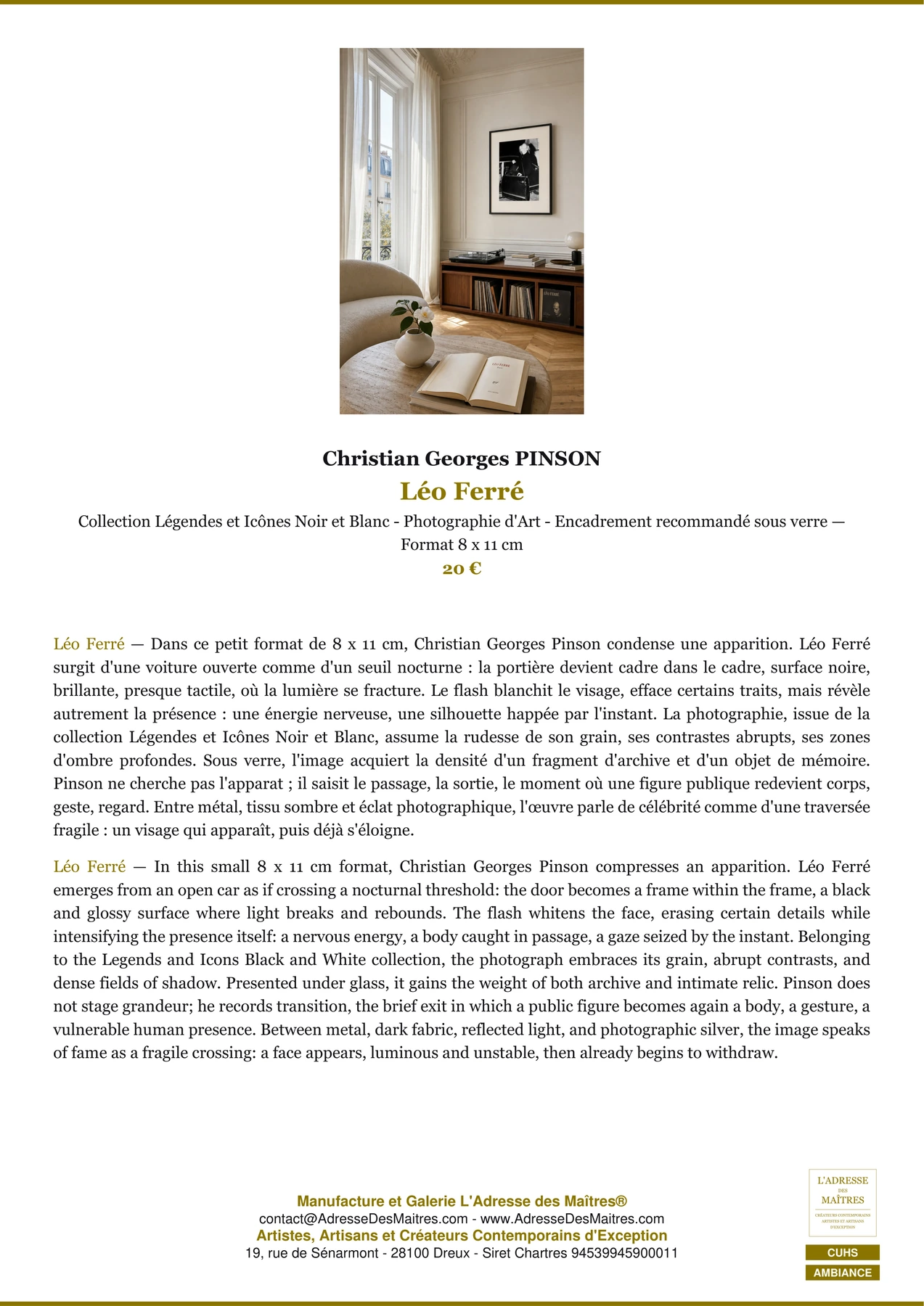 Fiche Premium Ambiance - Léo Ferré - Christian Georges PINSON - L'Adresse des Maîtres®
