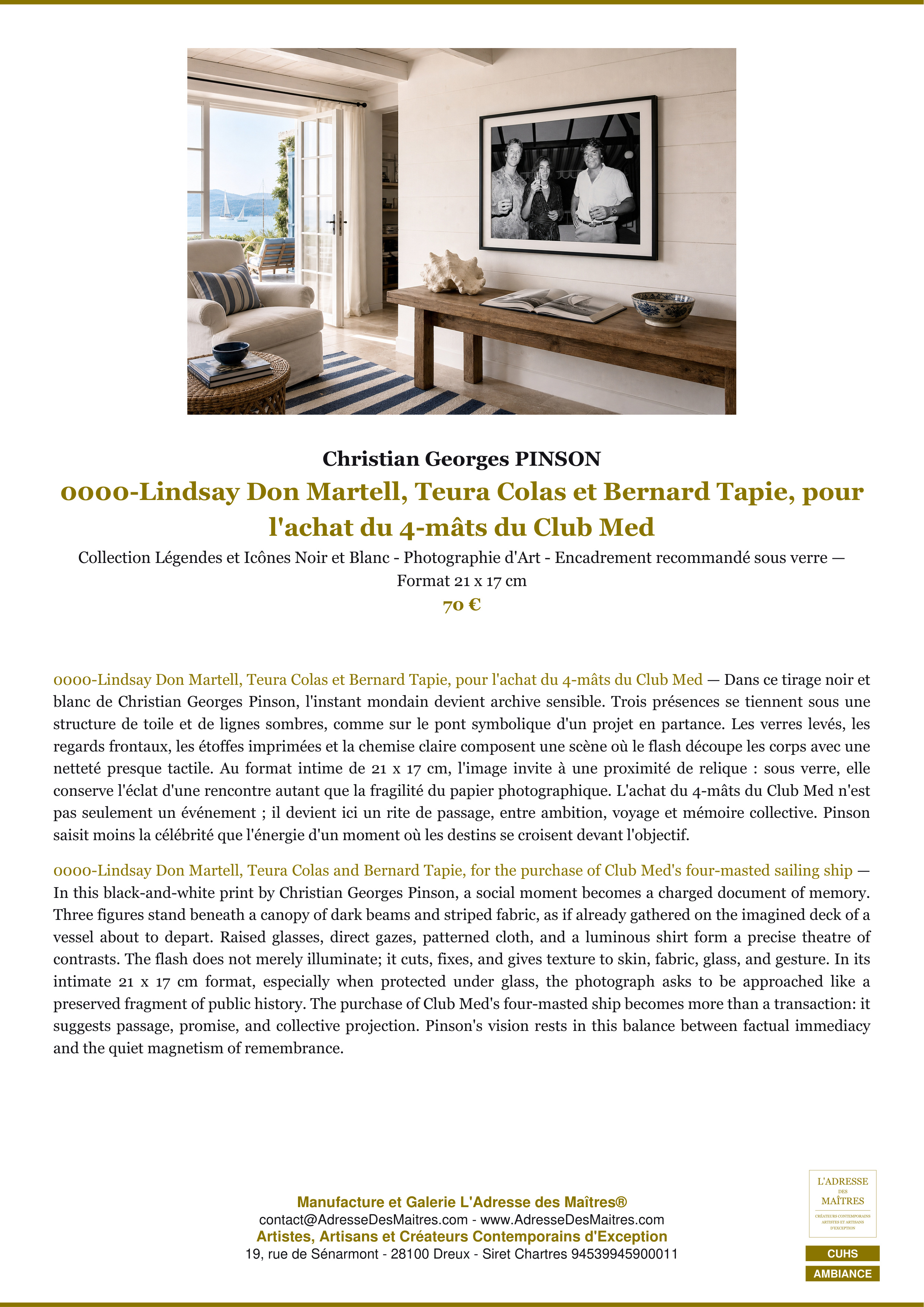 Fiche Premium Ambiance — 0000-Lindsay Don Martell, Teura Colas et Bernard Tapie, pour l'achat du 4-mâts du Club Med — Christian Georges PINSON — L'Adresse des Maîtres®