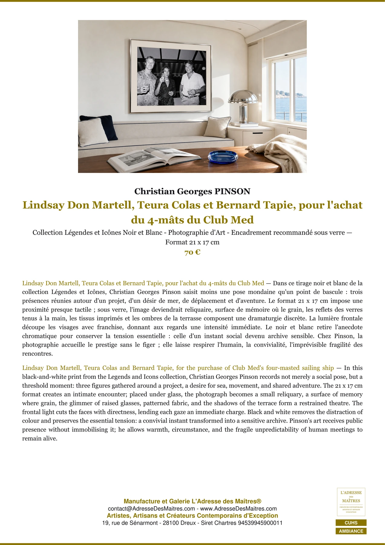 Fiche Premium Ambiance - Lindsay Don Martell, Teura Colas et Bernard Tapie, pour l'achat du 4-mâts du Club Med - Christian Georges PINSON - L'Adresse des Maîtres®
