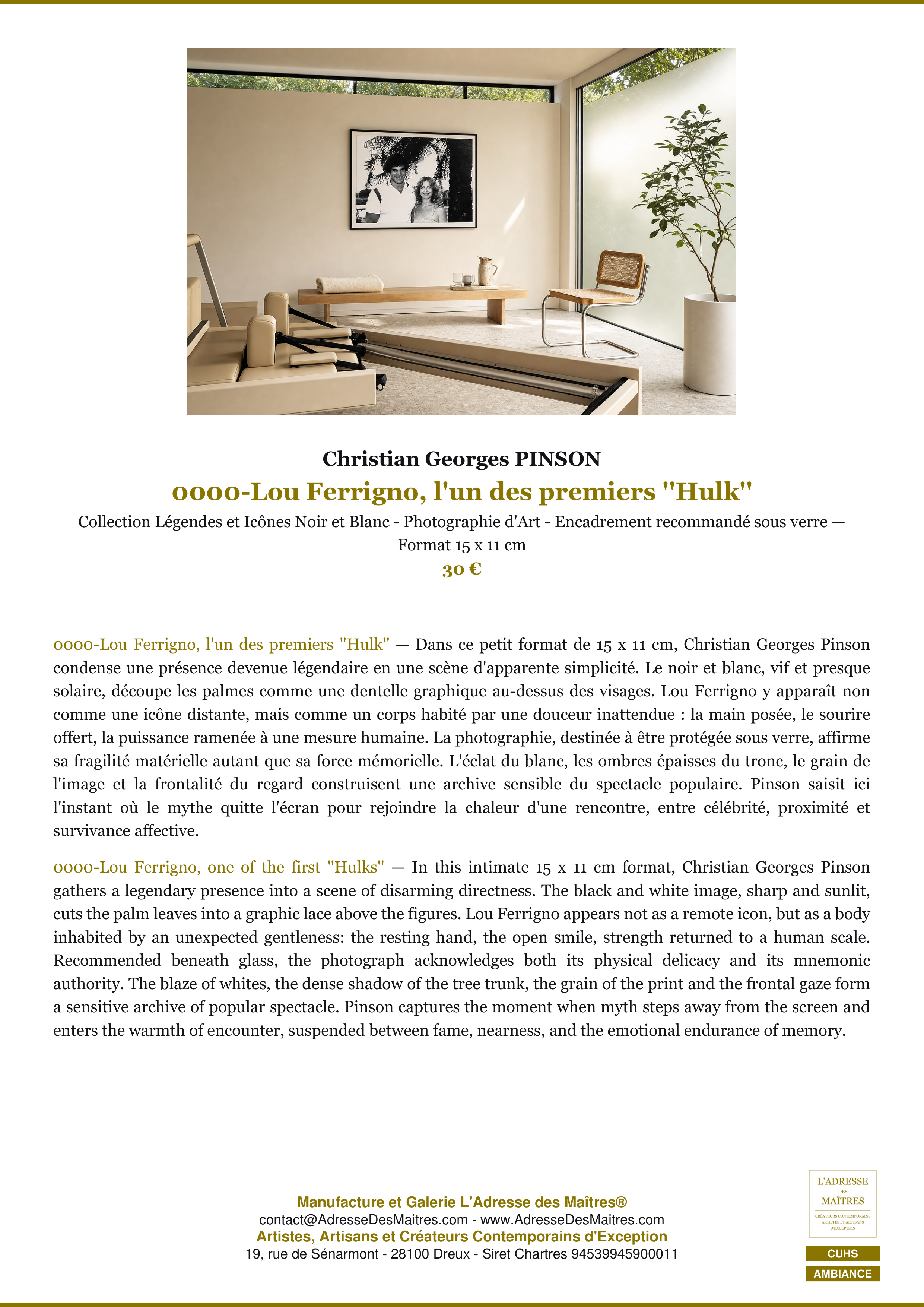 Fiche Premium Ambiance — 0000-Lou Ferrigno, l'un des premiers ''Hulk'' — Christian Georges PINSON — L'Adresse des Maîtres®