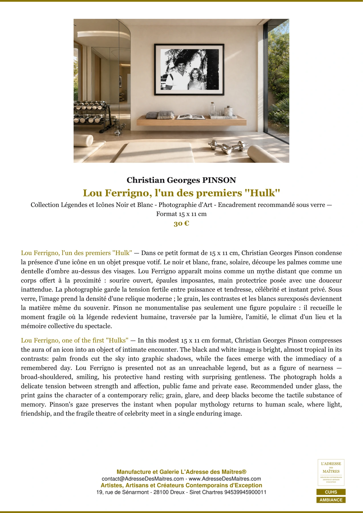 Fiche Premium Ambiance - Lou Ferrigno, l'un des premiers ''Hulk'' - Christian Georges PINSON - L'Adresse des Maîtres®