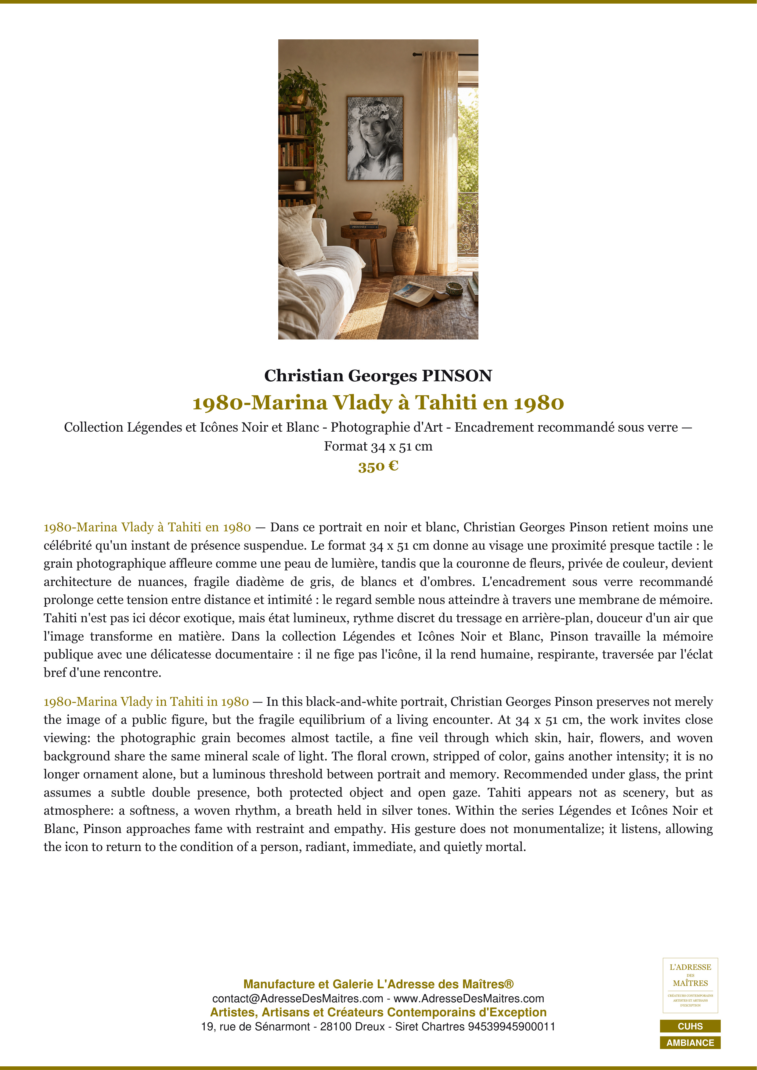 Fiche Premium Ambiance — 1980-Marina Vlady à Tahiti en 1980 — Christian Georges PINSON — L'Adresse des Maîtres®