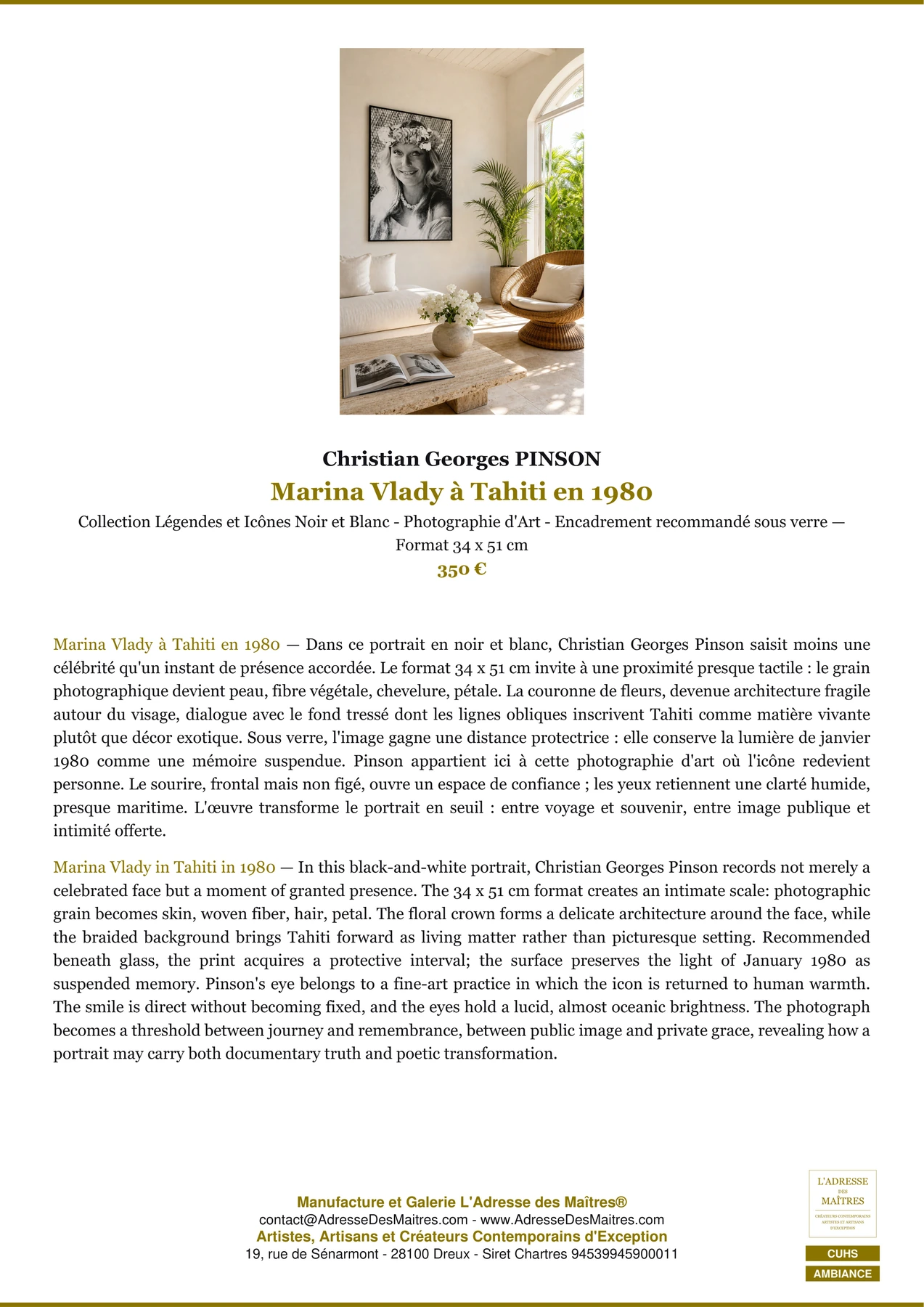 Fiche Premium Ambiance - Marina Vlady à Tahiti en 1980 - Christian Georges PINSON - L'Adresse des Maîtres®