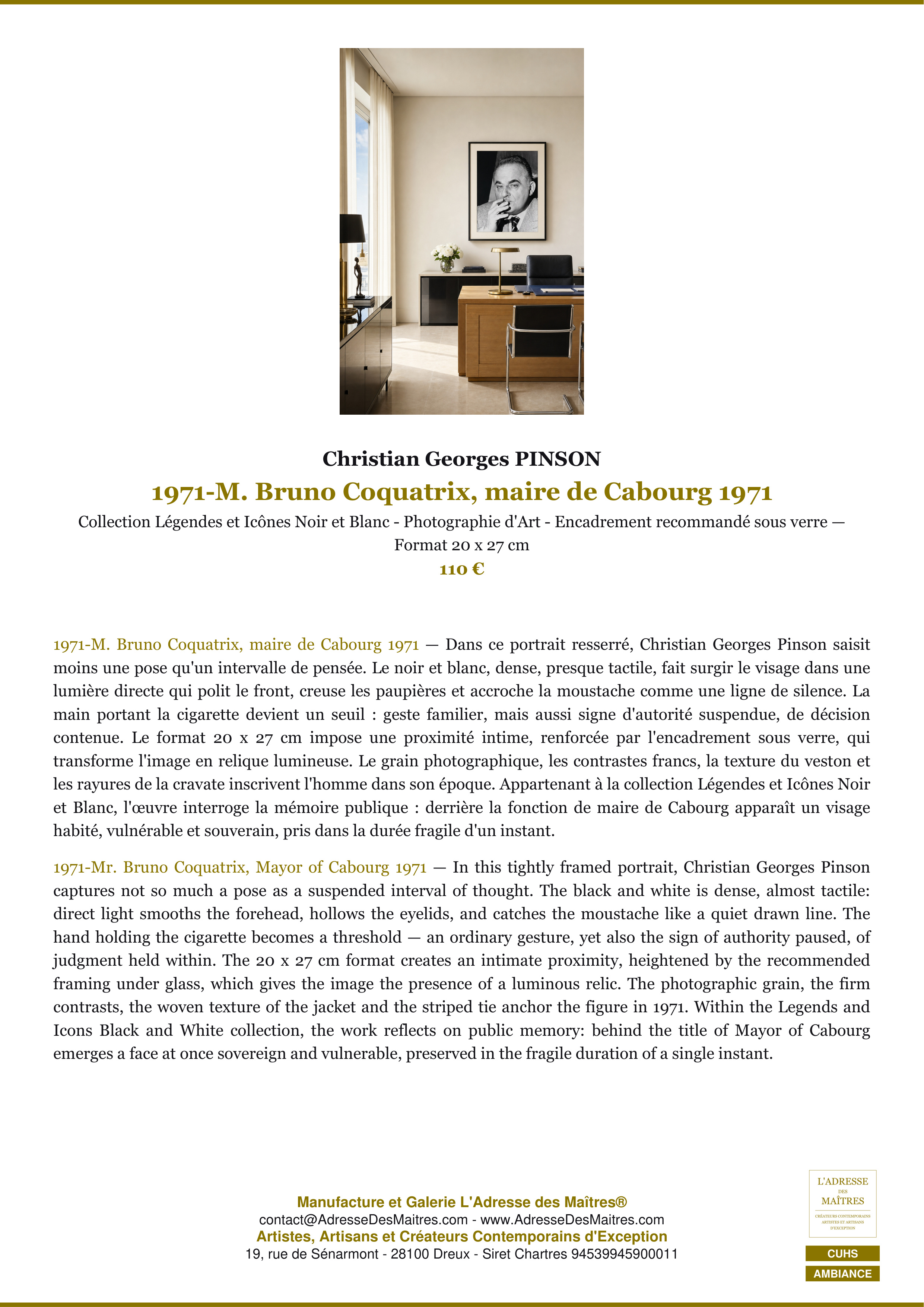 Fiche Premium Ambiance — 1971-M. Bruno Coquatrix, maire de Cabourg 1971 — Christian Georges PINSON — L'Adresse des Maîtres®