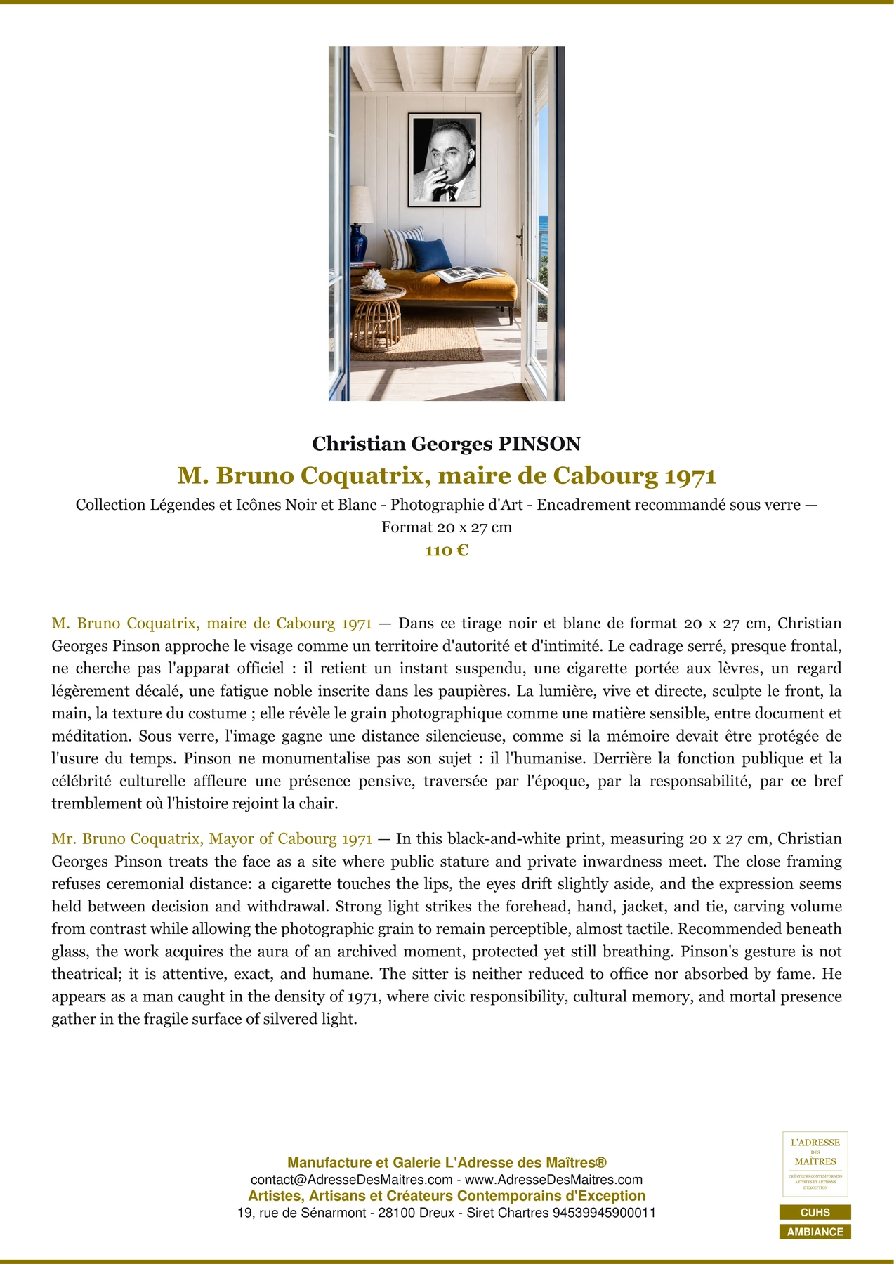 Fiche Premium Ambiance - M. Bruno Coquatrix, maire de Cabourg 1971 - Christian Georges PINSON - L'Adresse des Maîtres®