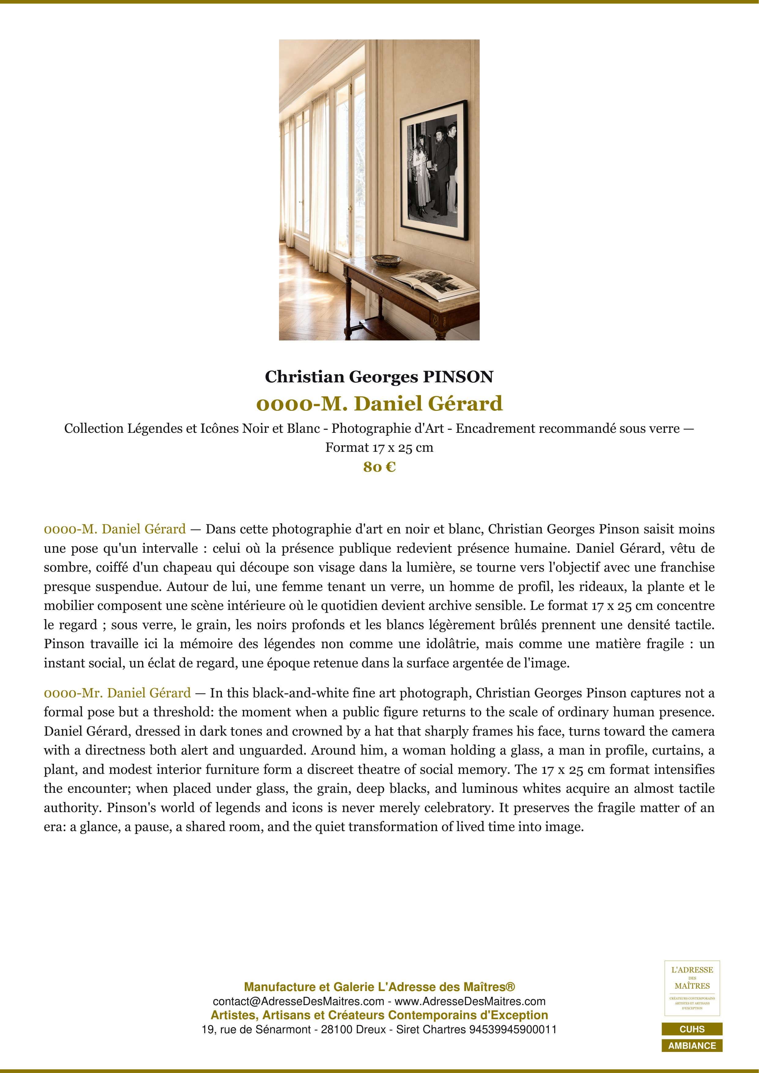 Fiche Premium Ambiance — 0000-M. Daniel Gérard — Christian Georges PINSON — L'Adresse des Maîtres®