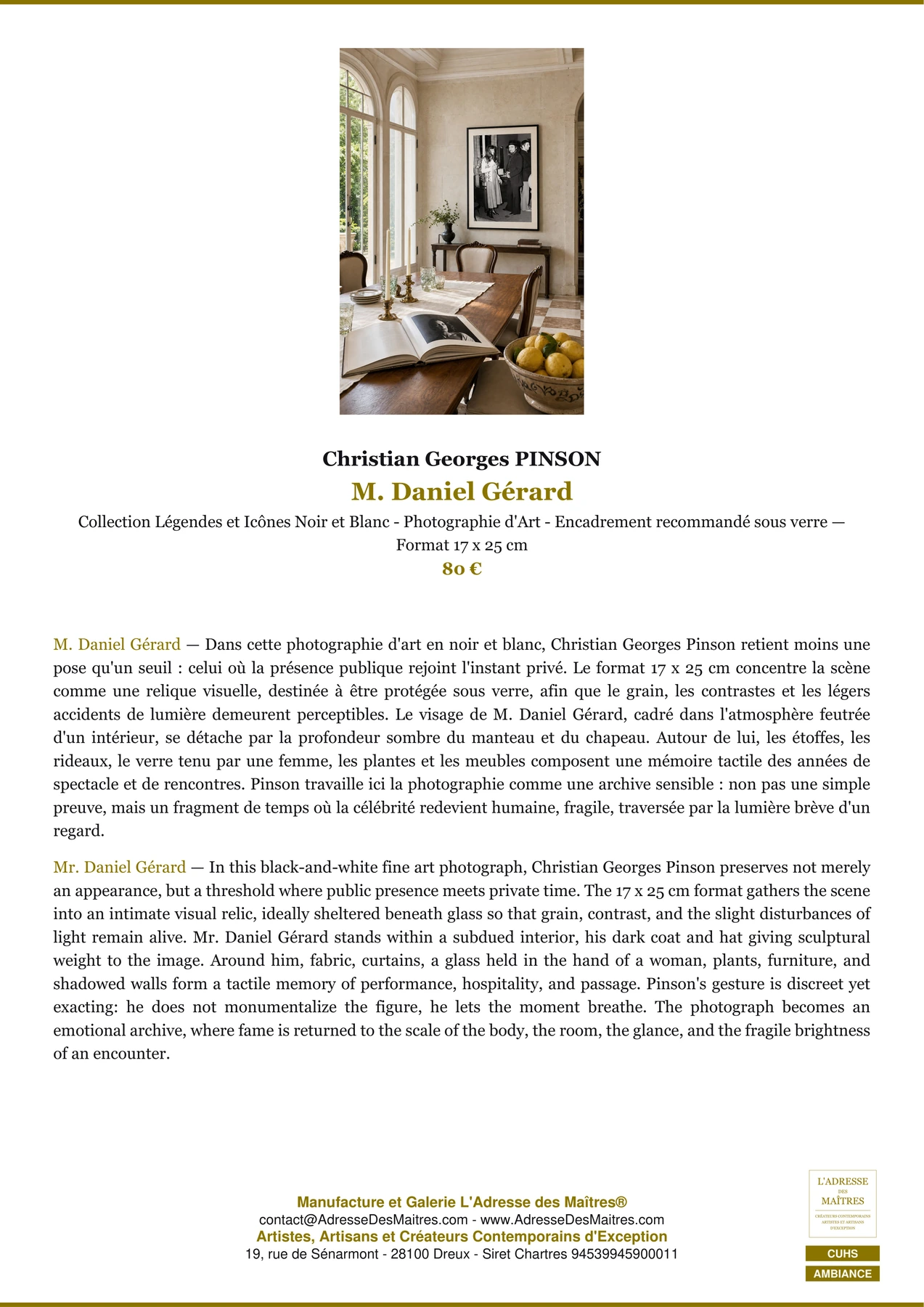 Fiche Premium Ambiance - M. Daniel Gérard - Christian Georges PINSON - L'Adresse des Maîtres®