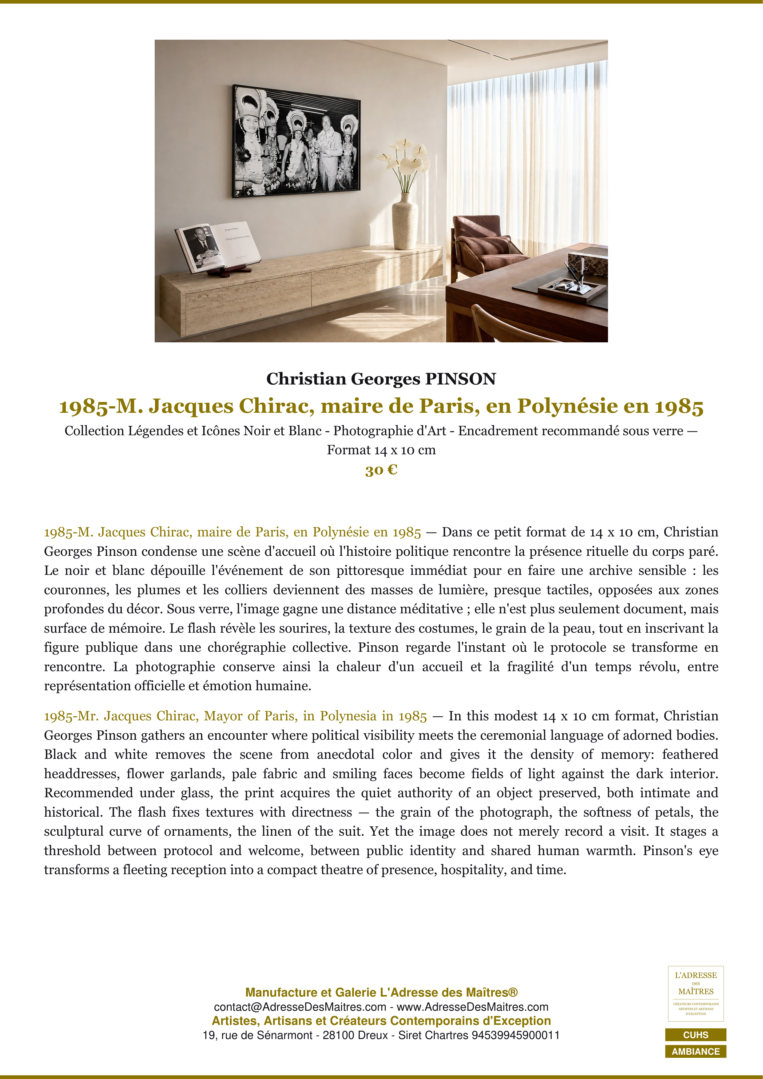 Fiche Premium Ambiance — 1985-M. Jacques Chirac, maire de Paris, en Polynésie en 1985 — Christian Georges PINSON — L'Adresse des Maîtres®