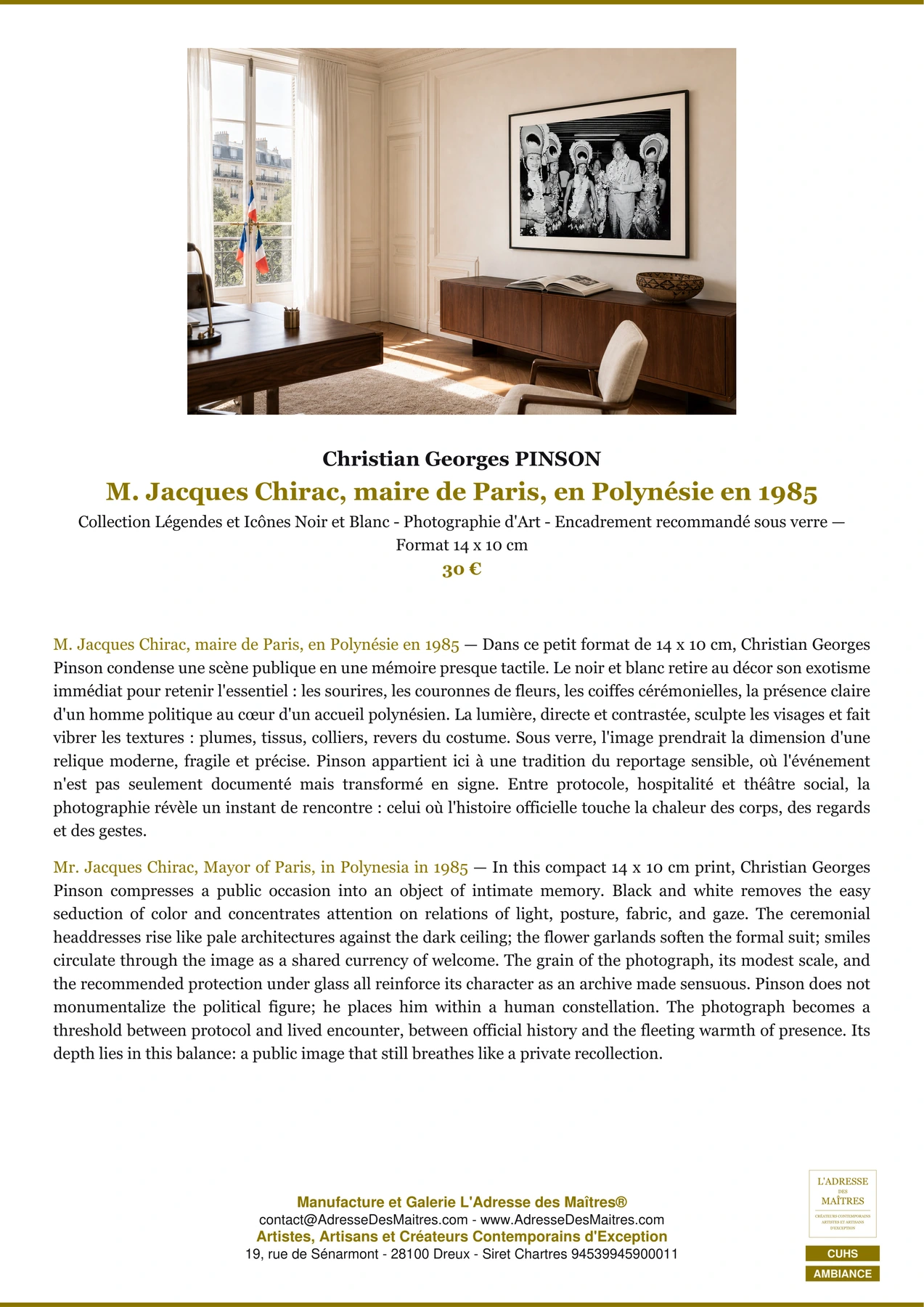 Fiche Premium Ambiance - M. Jacques Chirac, maire de Paris, en Polynésie en 1985 - Christian Georges PINSON - L'Adresse des Maîtres®
