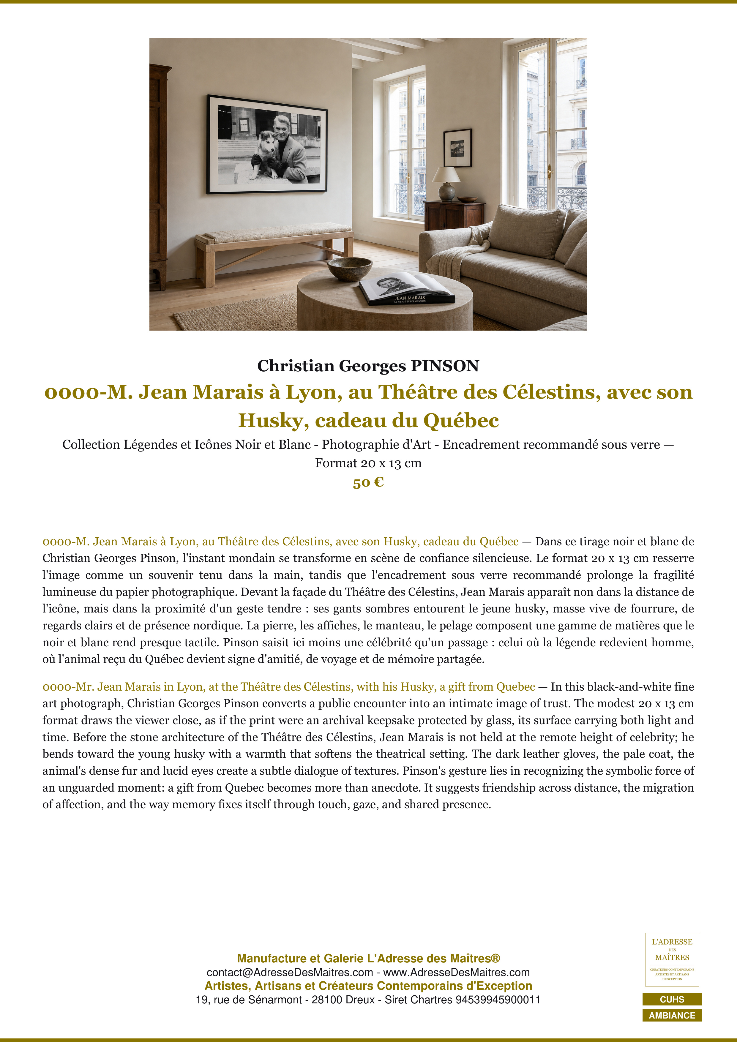 Fiche Premium Ambiance — 0000-M. Jean Marais à Lyon, au Théâtre des Célestins, avec son Husky, cadeau du Québec — Christian Georges PINSON — L'Adresse des Maîtres®