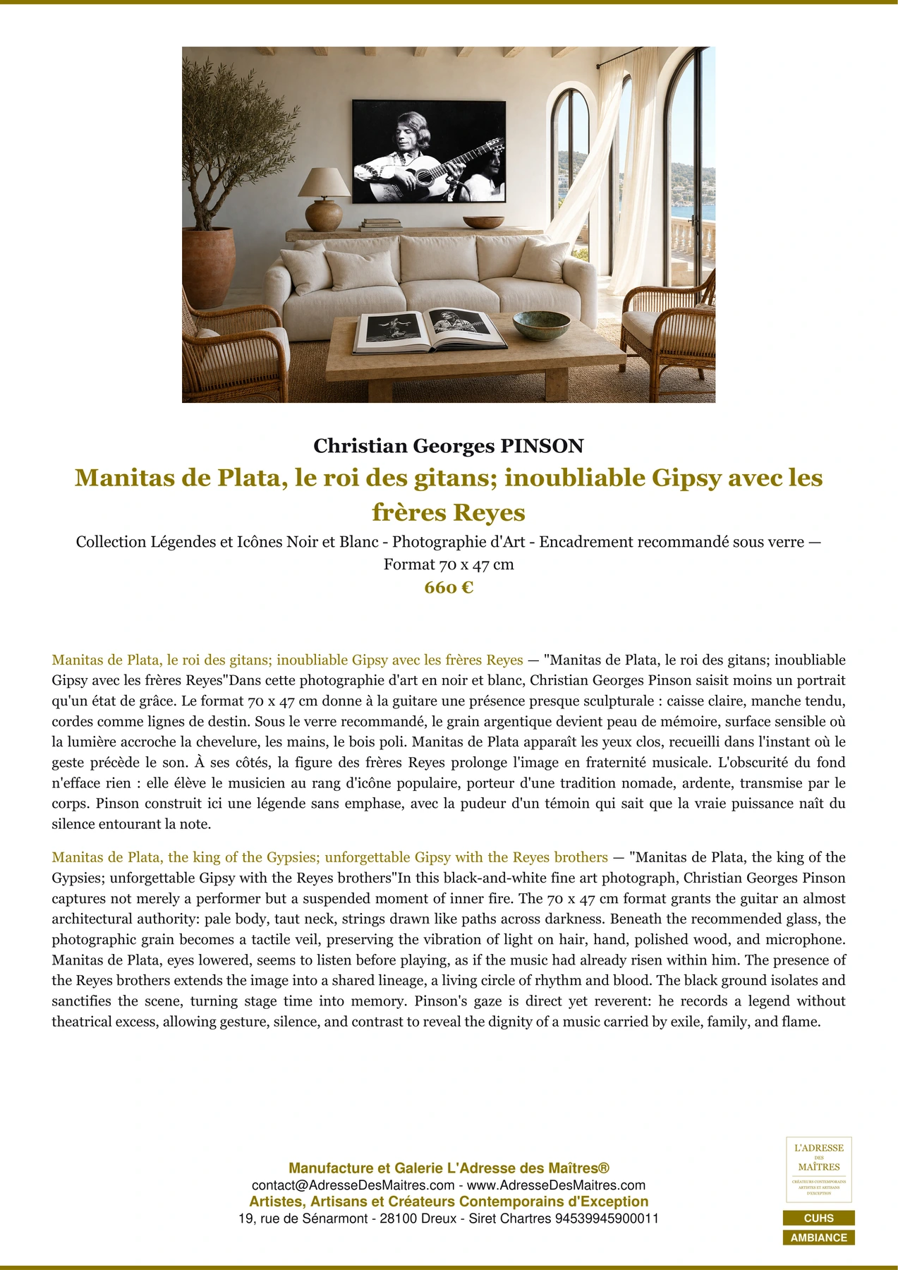 Fiche Premium Ambiance - Manitas de Plata, le roi des gitans; inoubliable Gipsy avec les frères Reyes - Christian Georges PINSON - L'Adresse des Maîtres®