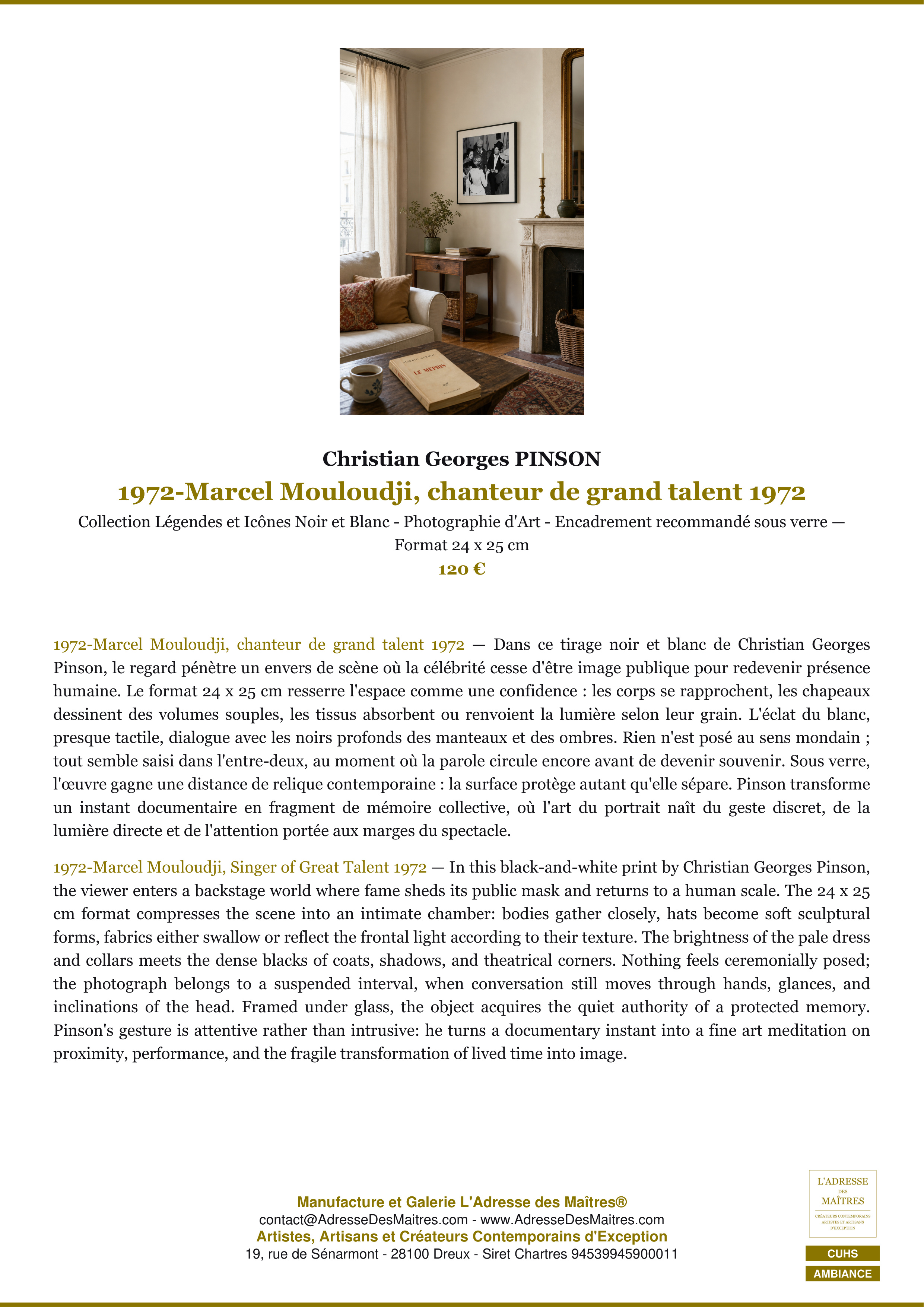 Fiche Premium Ambiance — 1972-Marcel Mouloudji, chanteur de grand talent 1972 — Christian Georges PINSON — L'Adresse des Maîtres®