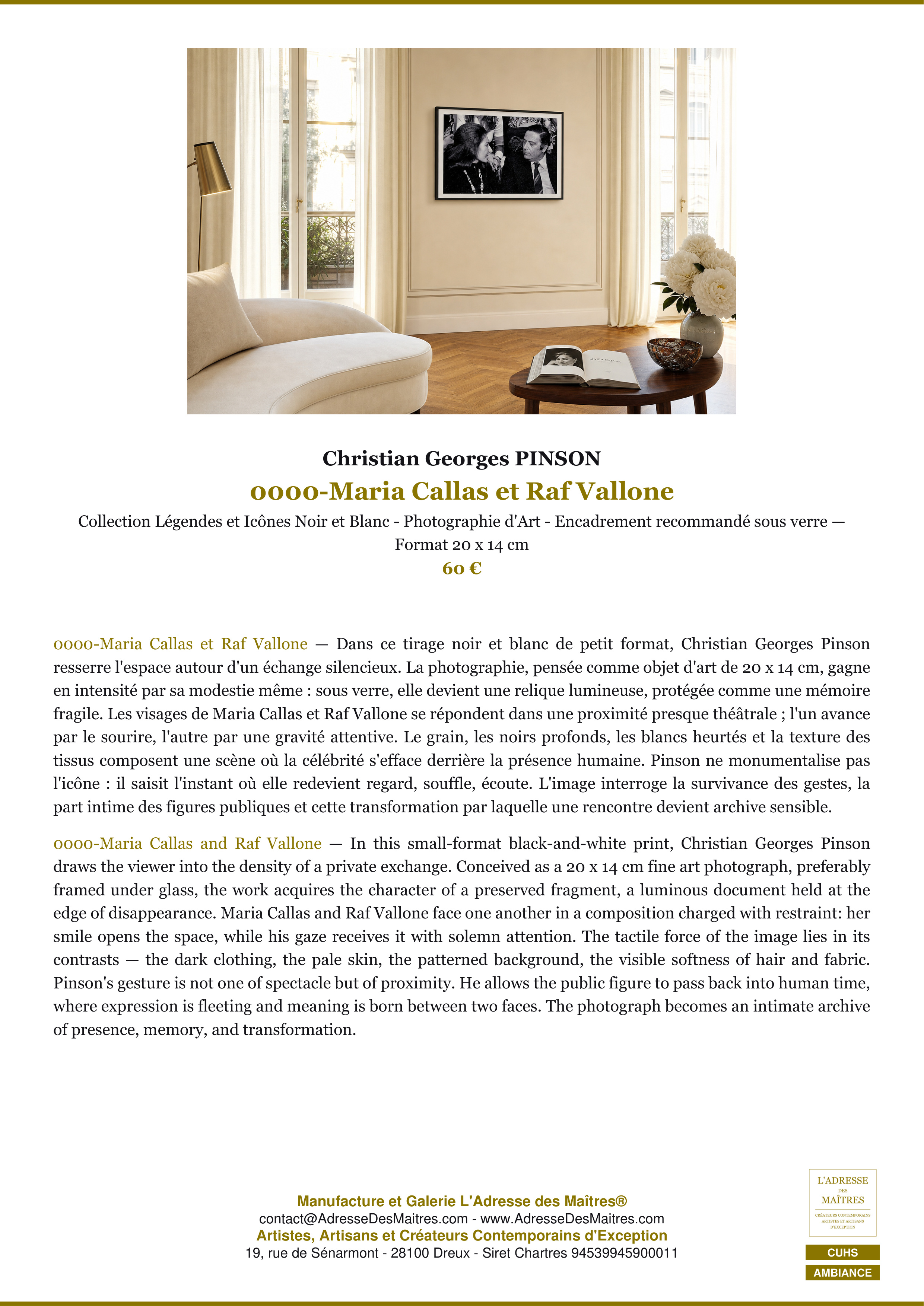 Fiche Premium Ambiance — 0000-Maria Callas et Raf Vallone — Christian Georges PINSON — L'Adresse des Maîtres®