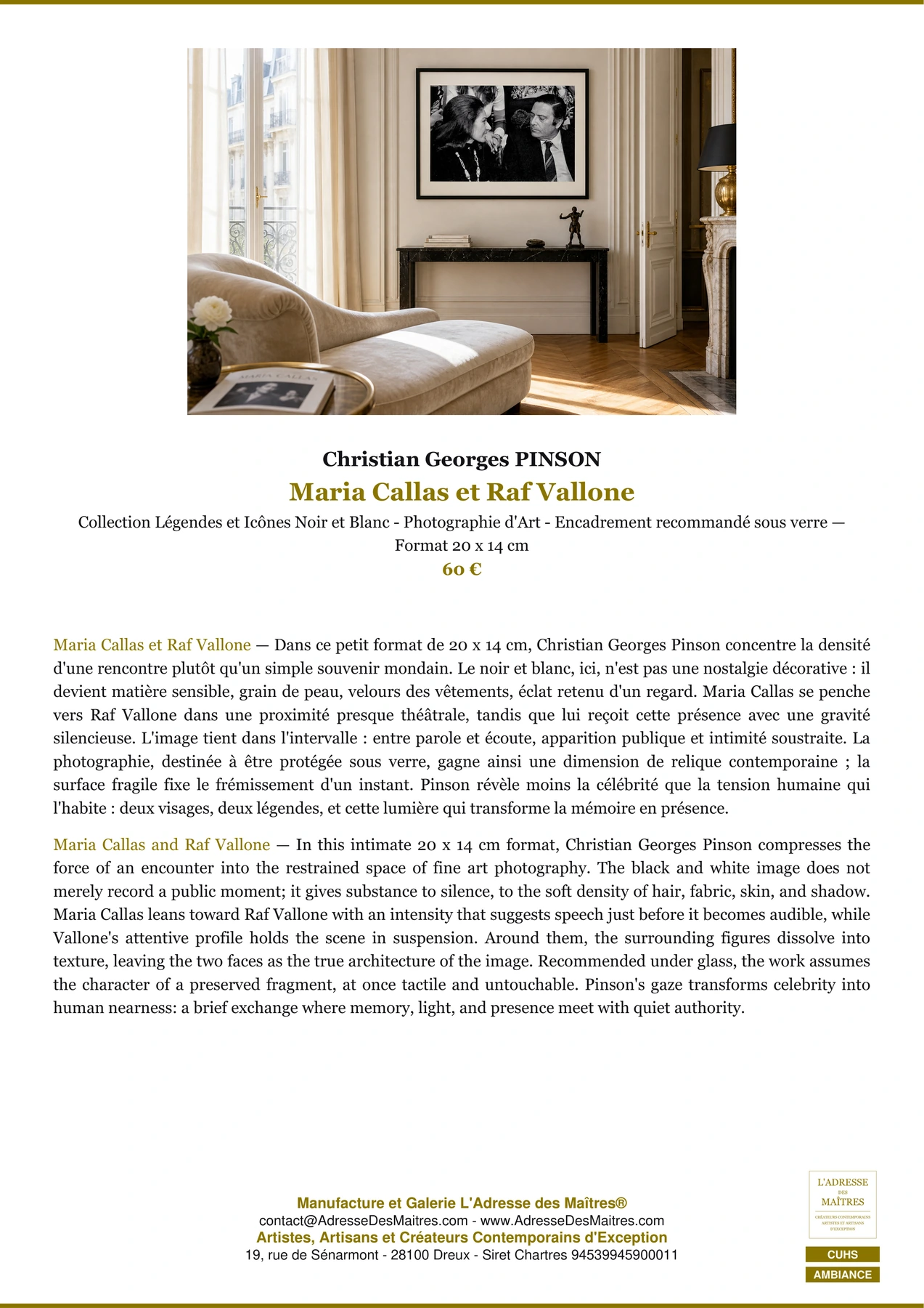 Fiche Premium Ambiance - Maria Callas et Raf Vallone - Christian Georges PINSON - L'Adresse des Maîtres®