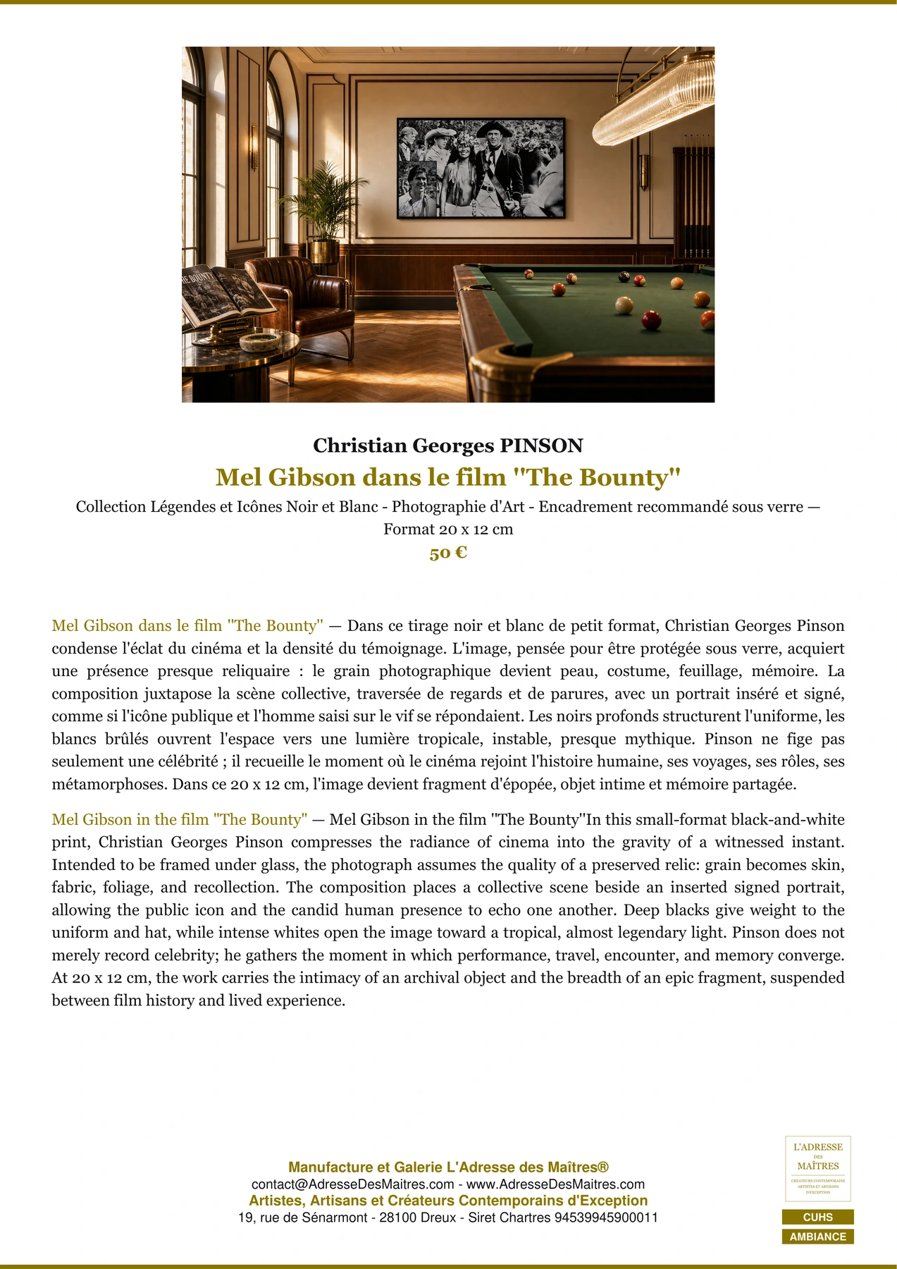 Fiche Premium Ambiance - Mel Gibson dans le film ''The Bounty'' - Christian Georges PINSON - L'Adresse des Maîtres®