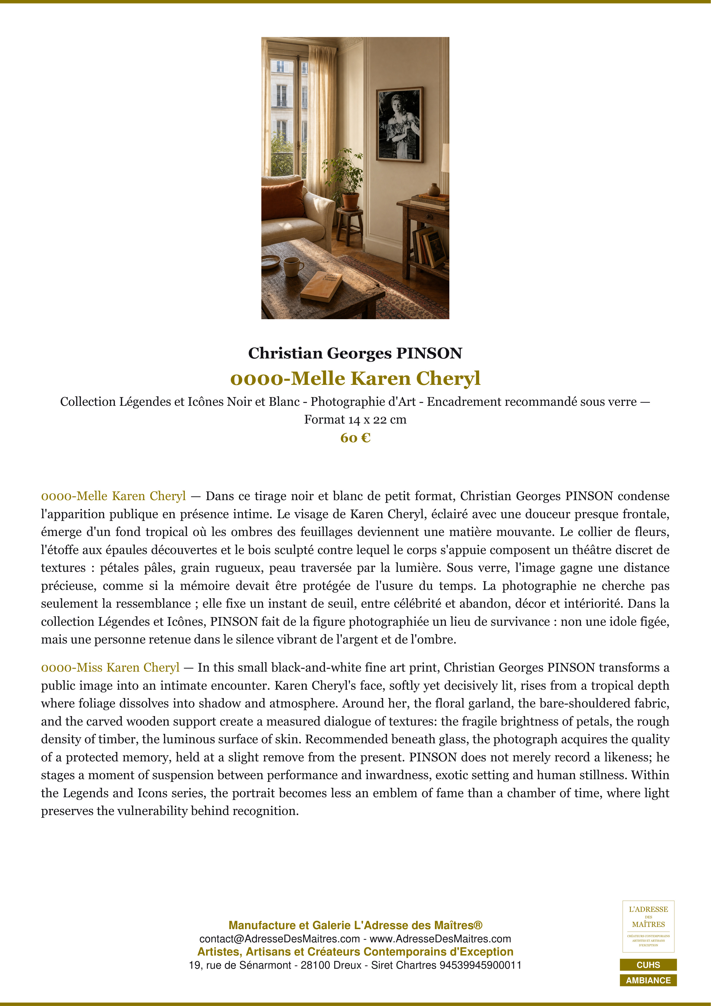 Fiche Premium Ambiance — 0000-Melle Karen Cheryl — Christian Georges PINSON — L'Adresse des Maîtres®
