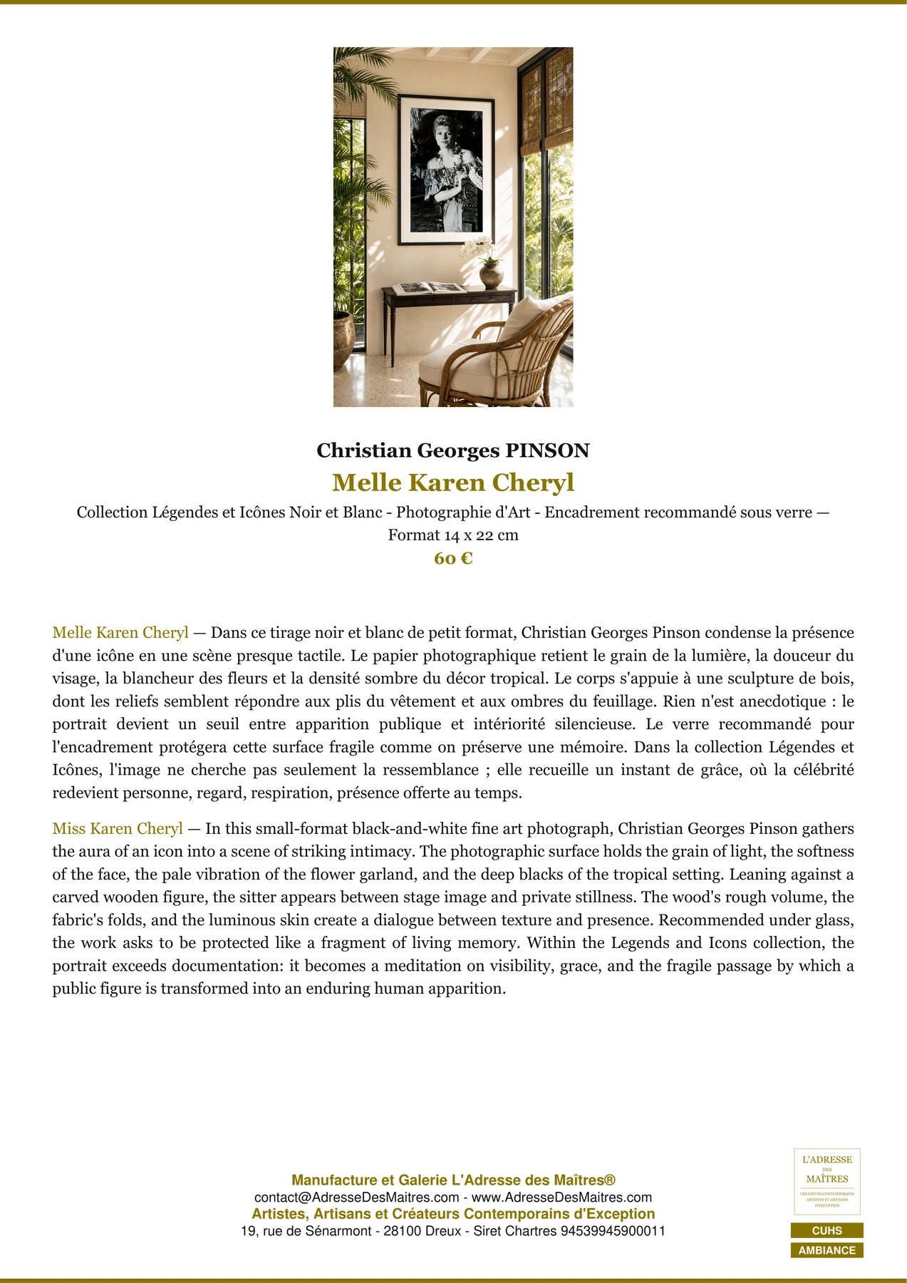Fiche Premium Ambiance - Melle Karen Cheryl - Christian Georges PINSON - L'Adresse des Maîtres®