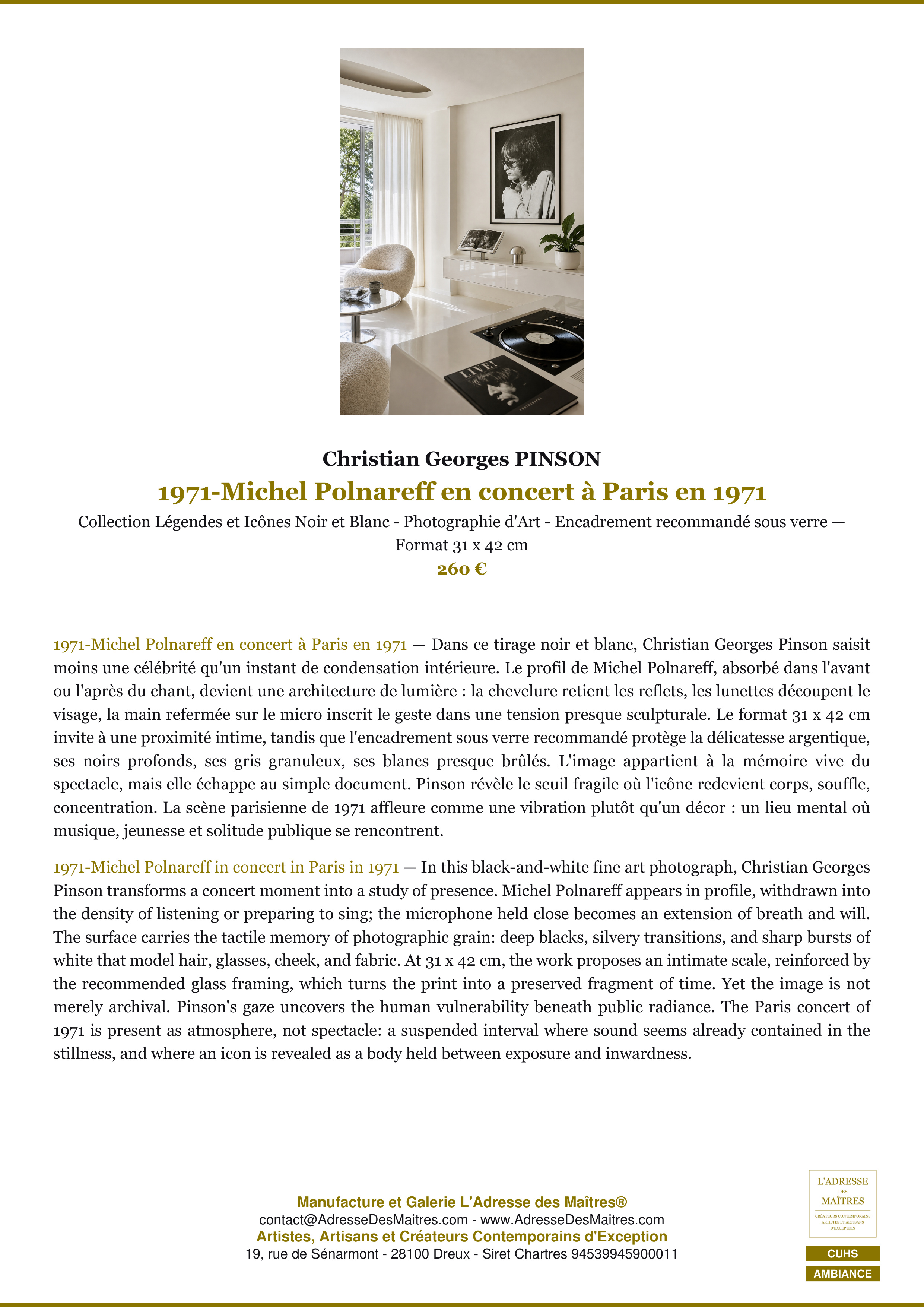Fiche Premium Ambiance — 1971-Michel Polnareff en concert à Paris en 1971 — Christian Georges PINSON — L'Adresse des Maîtres®