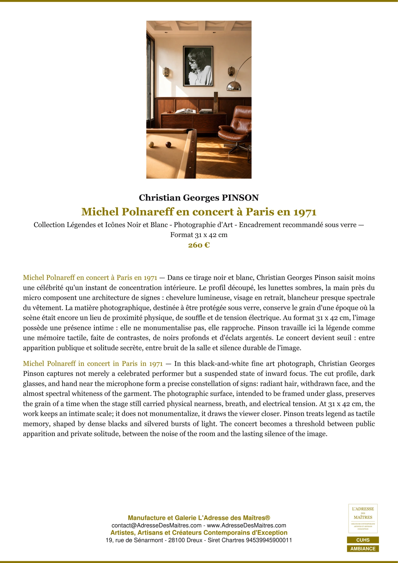 Fiche Premium Ambiance - Michel Polnareff en concert à Paris en 1971 - Christian Georges PINSON - L'Adresse des Maîtres®