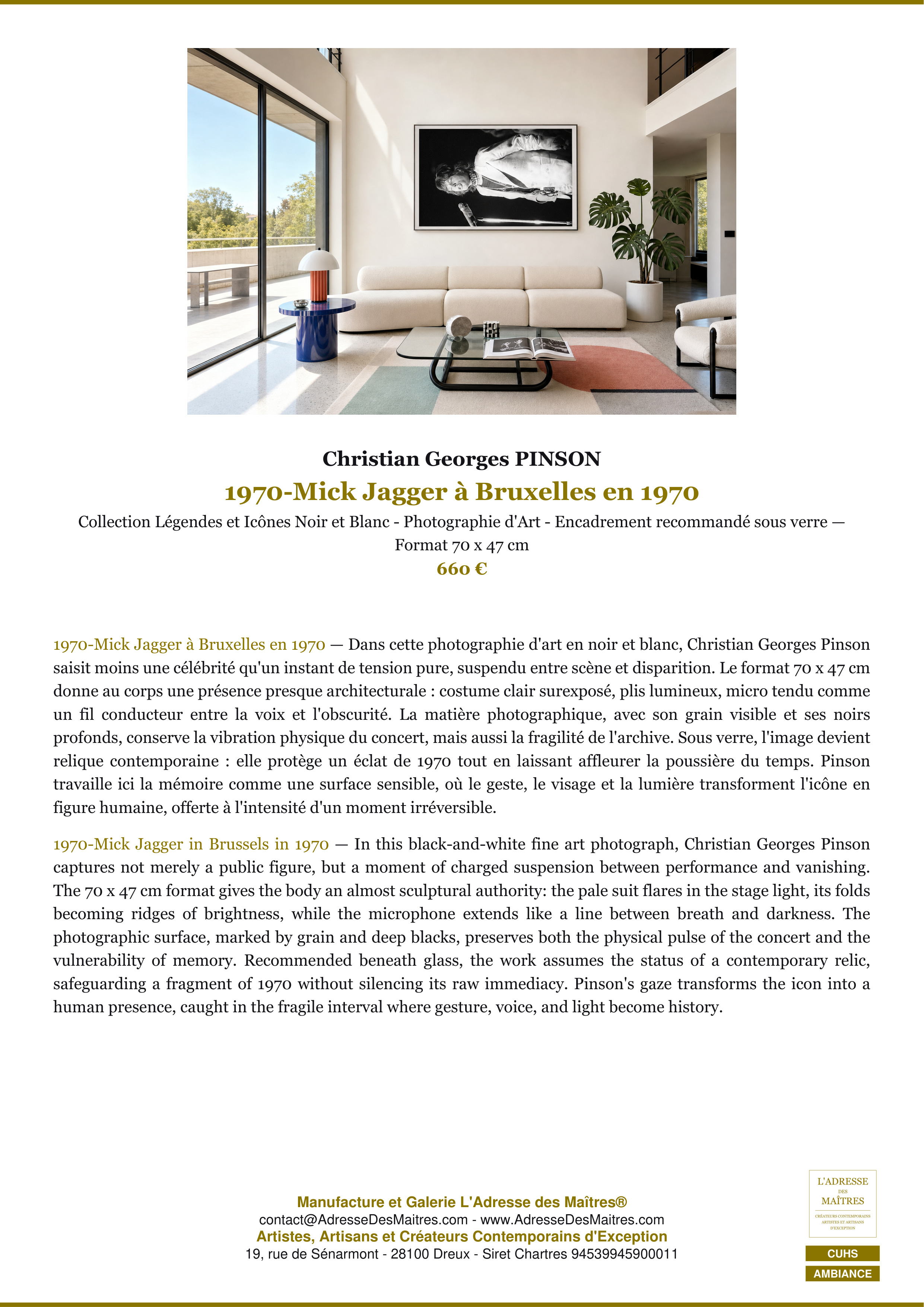 Fiche Premium Ambiance — 1970-Mick Jagger à Bruxelles en 1970 — Christian Georges PINSON — L'Adresse des Maîtres®