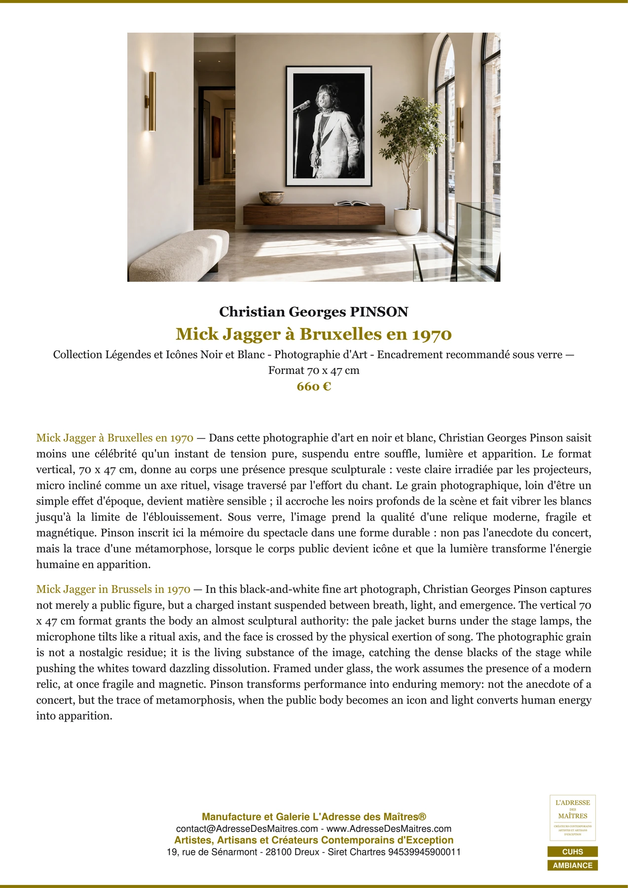 Fiche Premium Ambiance - Mick Jagger à Bruxelles en 1970 - Christian Georges PINSON - L'Adresse des Maîtres®