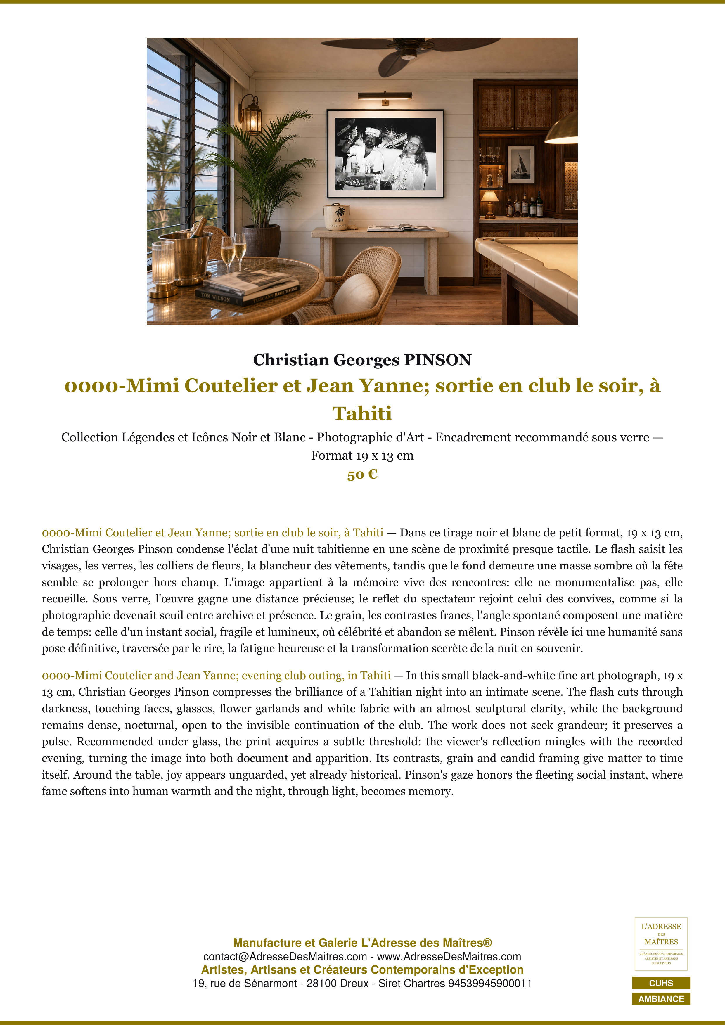 Fiche Premium Ambiance — 0000-Mimi Coutelier et Jean Yanne; sortie en club le soir, à Tahiti — Christian Georges PINSON — L'Adresse des Maîtres®