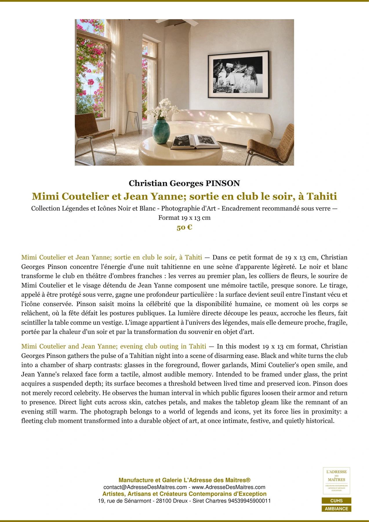 Fiche Premium Ambiance - Mimi Coutelier et Jean Yanne; sortie en club le soir, à Tahiti - Christian Georges PINSON - L'Adresse des Maîtres®