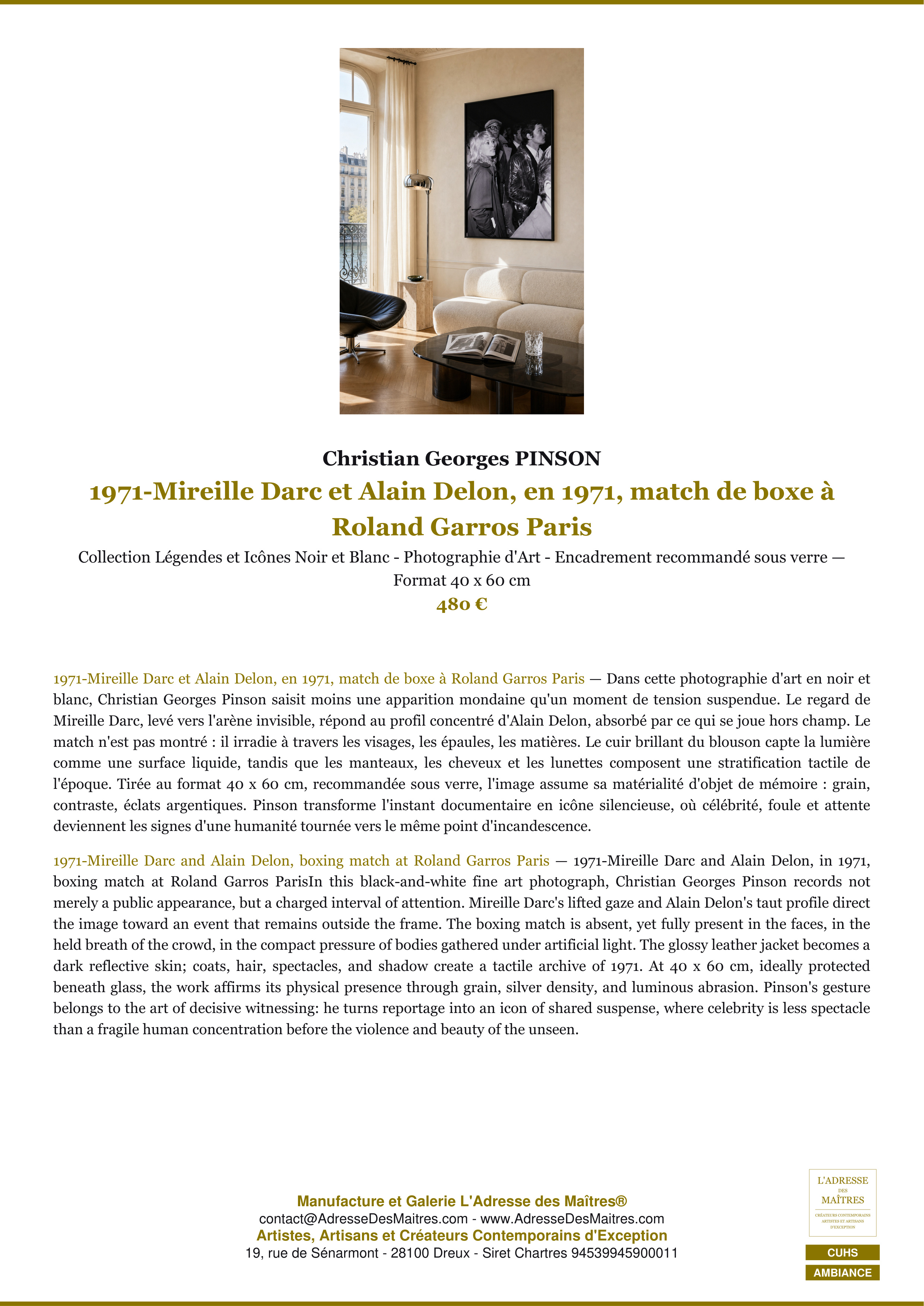 Fiche Premium Ambiance — 1971-Mireille Darc et Alain Delon, en 1971, match de boxe à Roland Garros Paris — Christian Georges PINSON — L'Adresse des Maîtres®