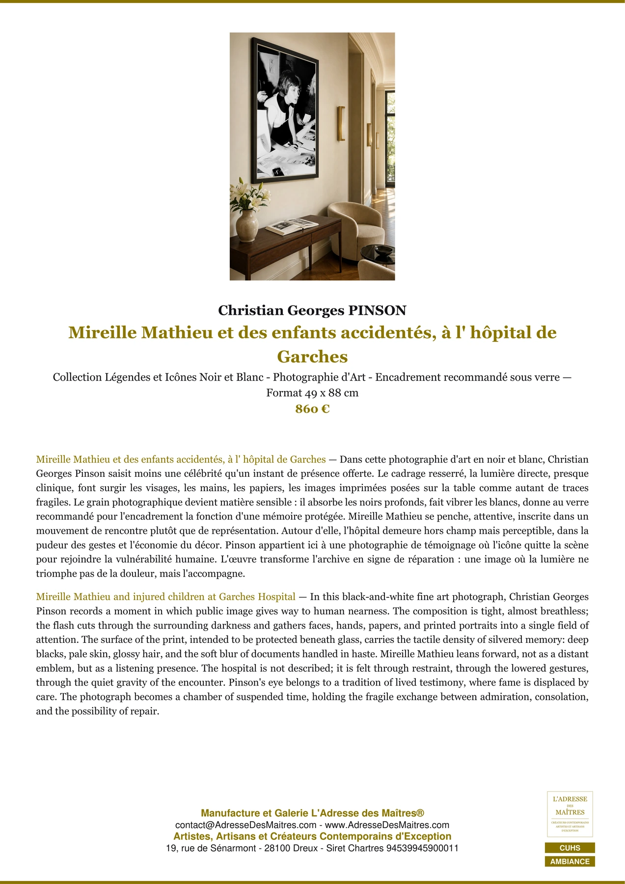 Fiche Premium Ambiance - Mireille Mathieu et des enfants accidentés, à l' hôpital de Garches - Christian Georges PINSON - L'Adresse des Maîtres®