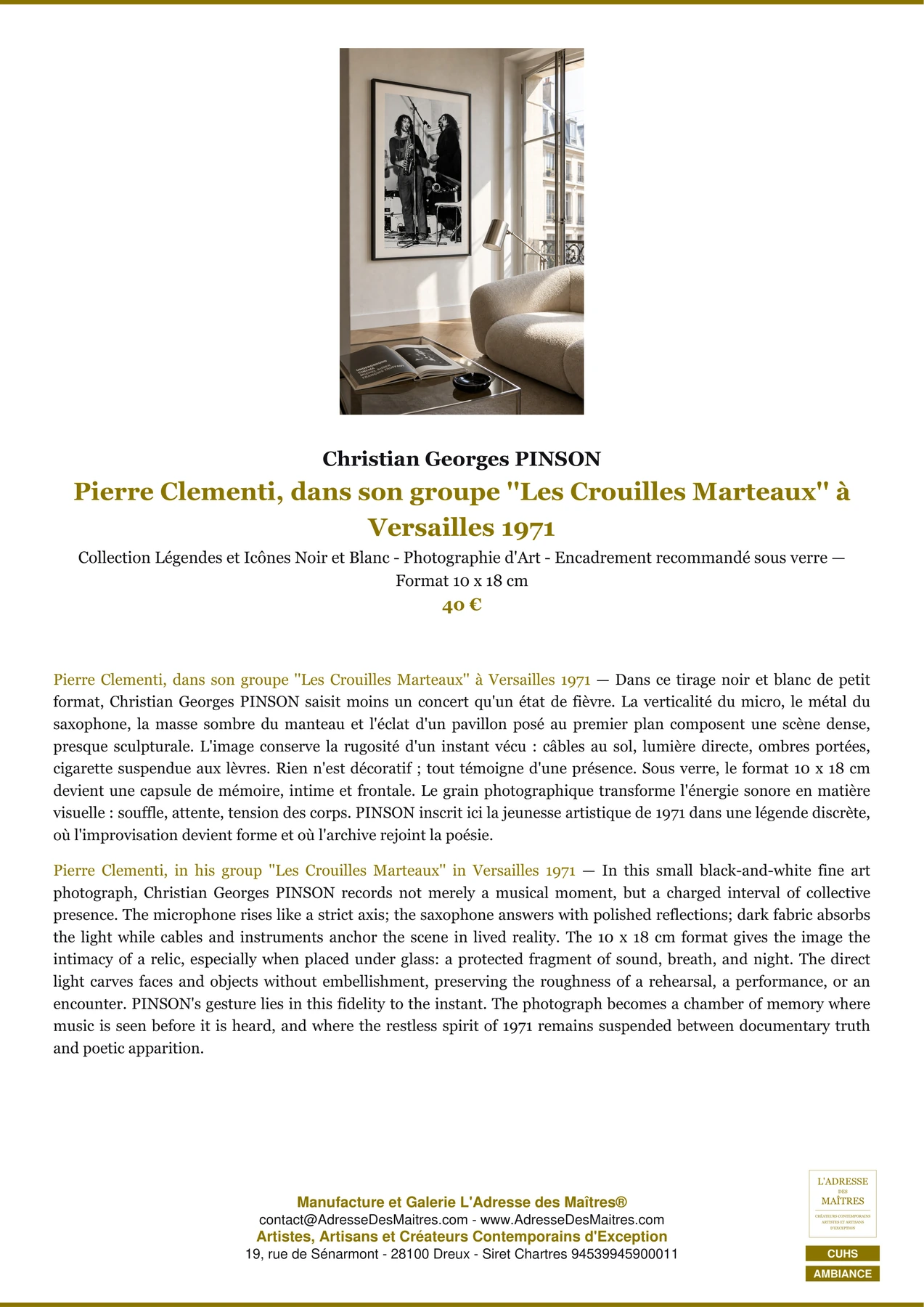 Fiche Premium Ambiance - Pierre Clementi, dans son groupe ''Les Crouilles Marteaux'' à Versailles 1971 - Christian Georges PINSON - L'Adresse des Maîtres®