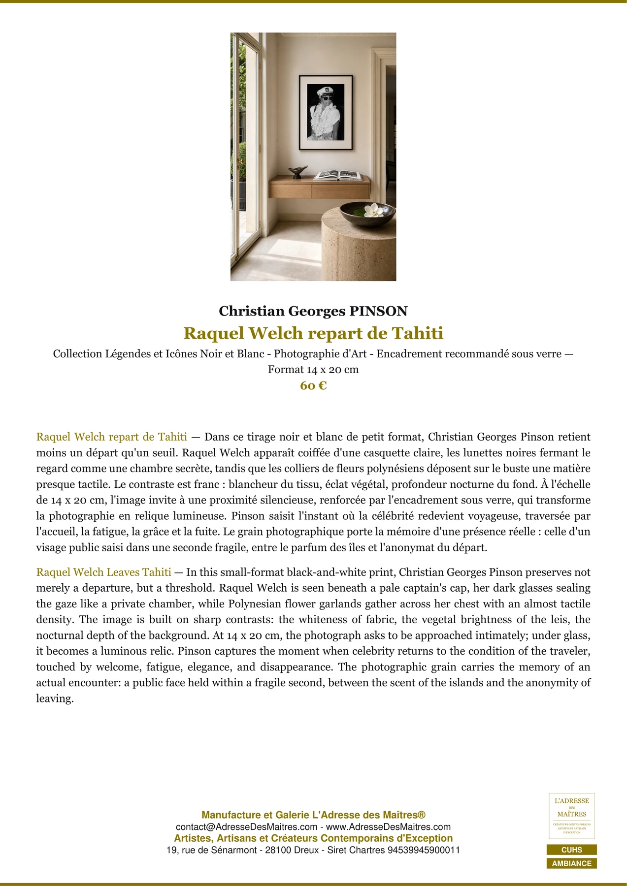 Fiche Premium Ambiance - Raquel Welch repart de Tahiti - Christian Georges PINSON - L'Adresse des Maîtres®