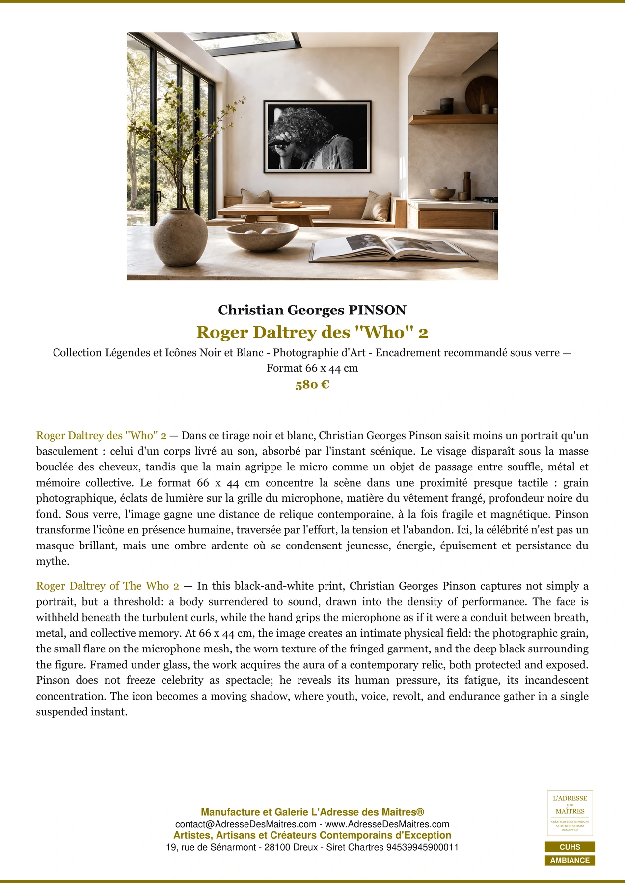 Fiche Premium Ambiance - Roger Daltrey des ''Who'' 2 - Christian Georges PINSON - L'Adresse des Maîtres®