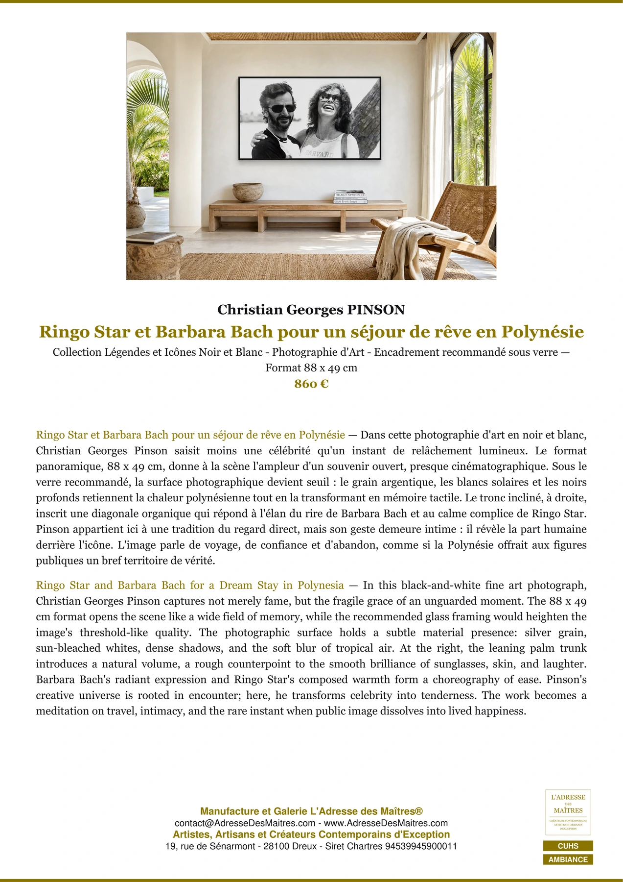 Fiche Premium Ambiance - Ringo Star et Barbara Bach pour un séjour de rêve en Polynésie - Christian Georges PINSON - L'Adresse des Maîtres®