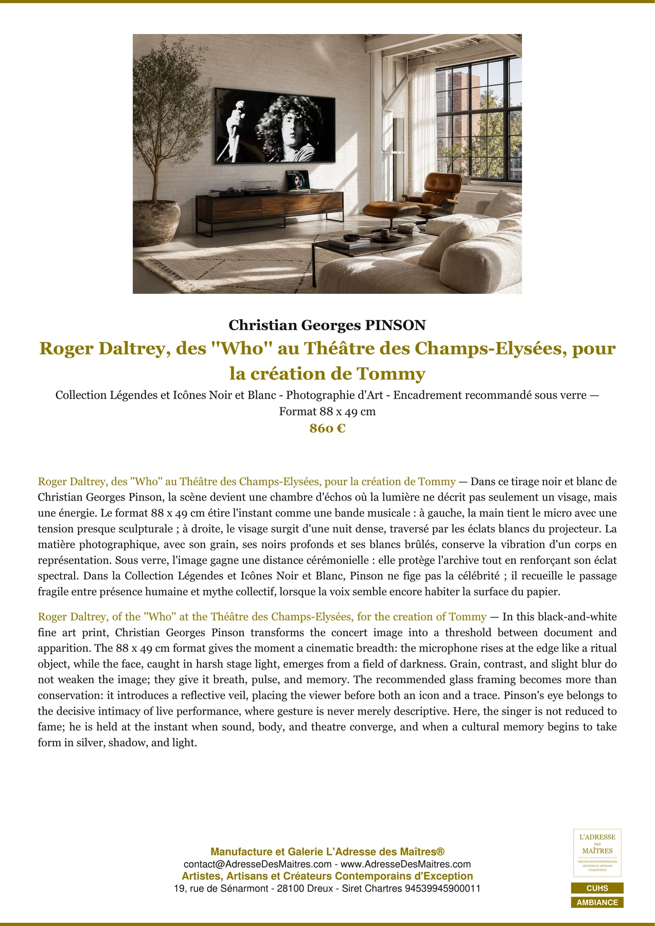 Fiche Premium Ambiance - Roger Daltrey, des ''Who'' au Théâtre des Champs-Elysées, pour la création de Tommy - Christian Georges PINSON - L'Adresse des Maîtres®