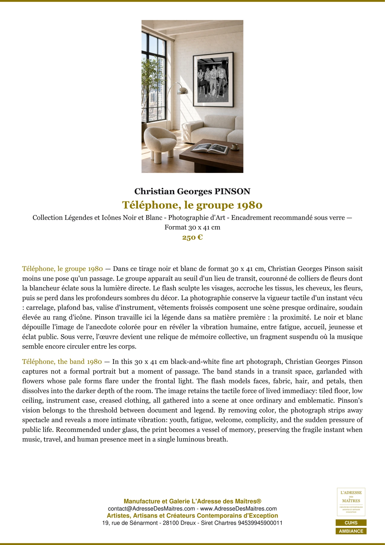 Fiche Premium Ambiance - Téléphone, le groupe 1980 - Christian Georges PINSON - L'Adresse des Maîtres®