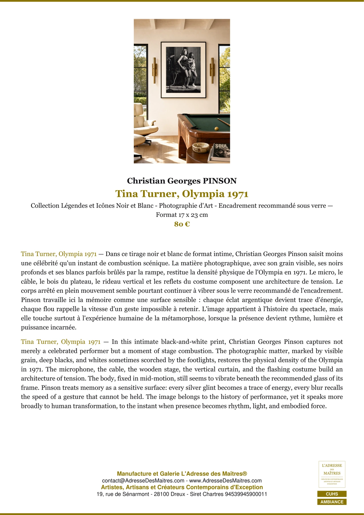 Fiche Premium Ambiance - Tina Turner, Olympia 1971 - Christian Georges PINSON - L'Adresse des Maîtres®