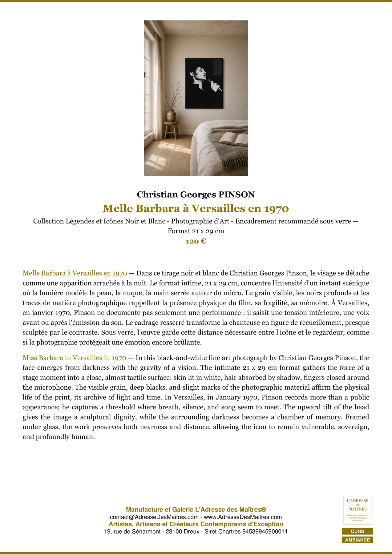 Fiche Premium Ambiance - Melle Barbara à Versailles en 1970 - Christian Georges PINSON - L'Adresse des Maîtres®