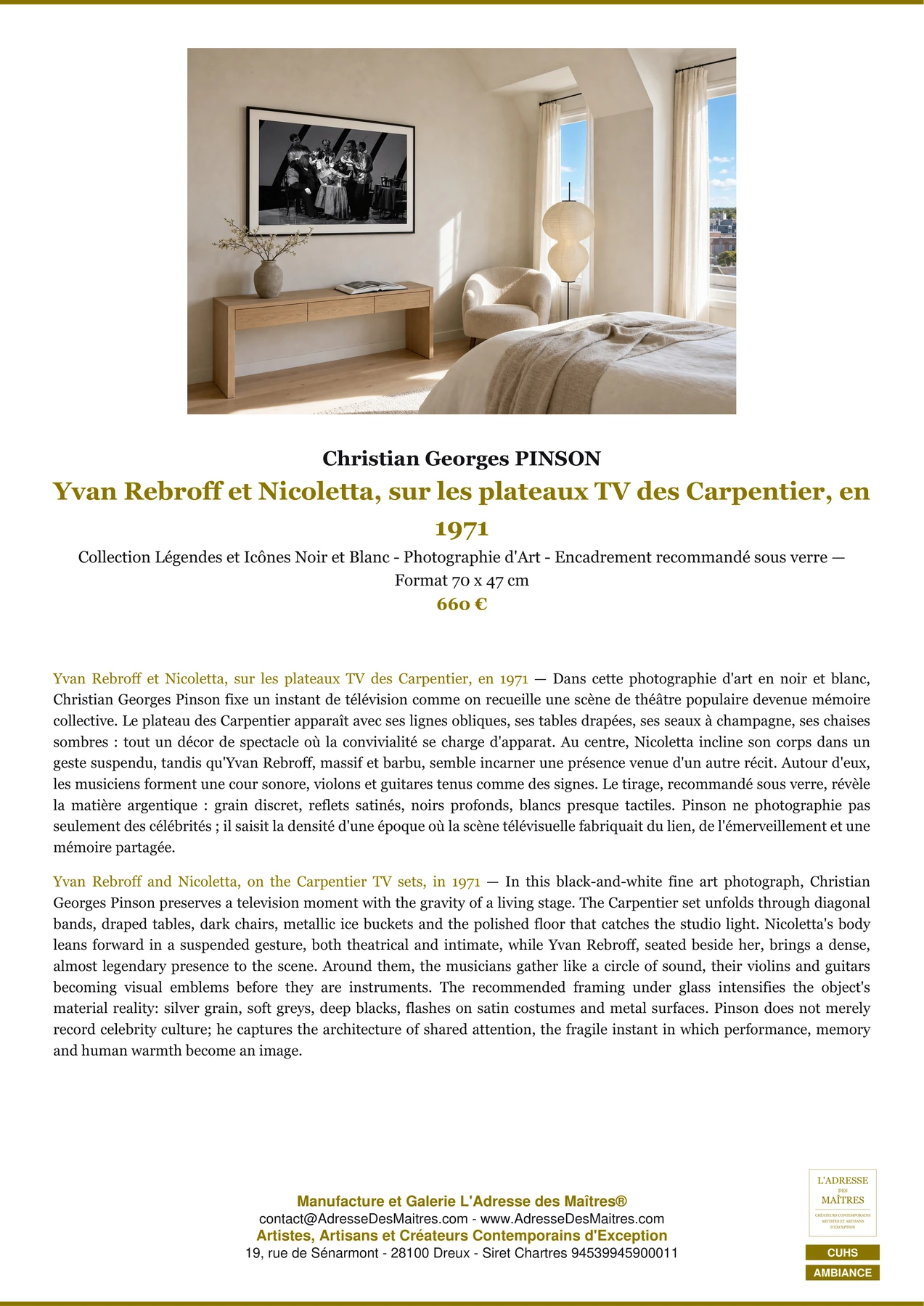 Fiche Premium Ambiance - Yvan Rebroff et Nicoletta, sur les plateaux TV des Carpentier, en 1971 - Christian Georges PINSON - L'Adresse des Maîtres®