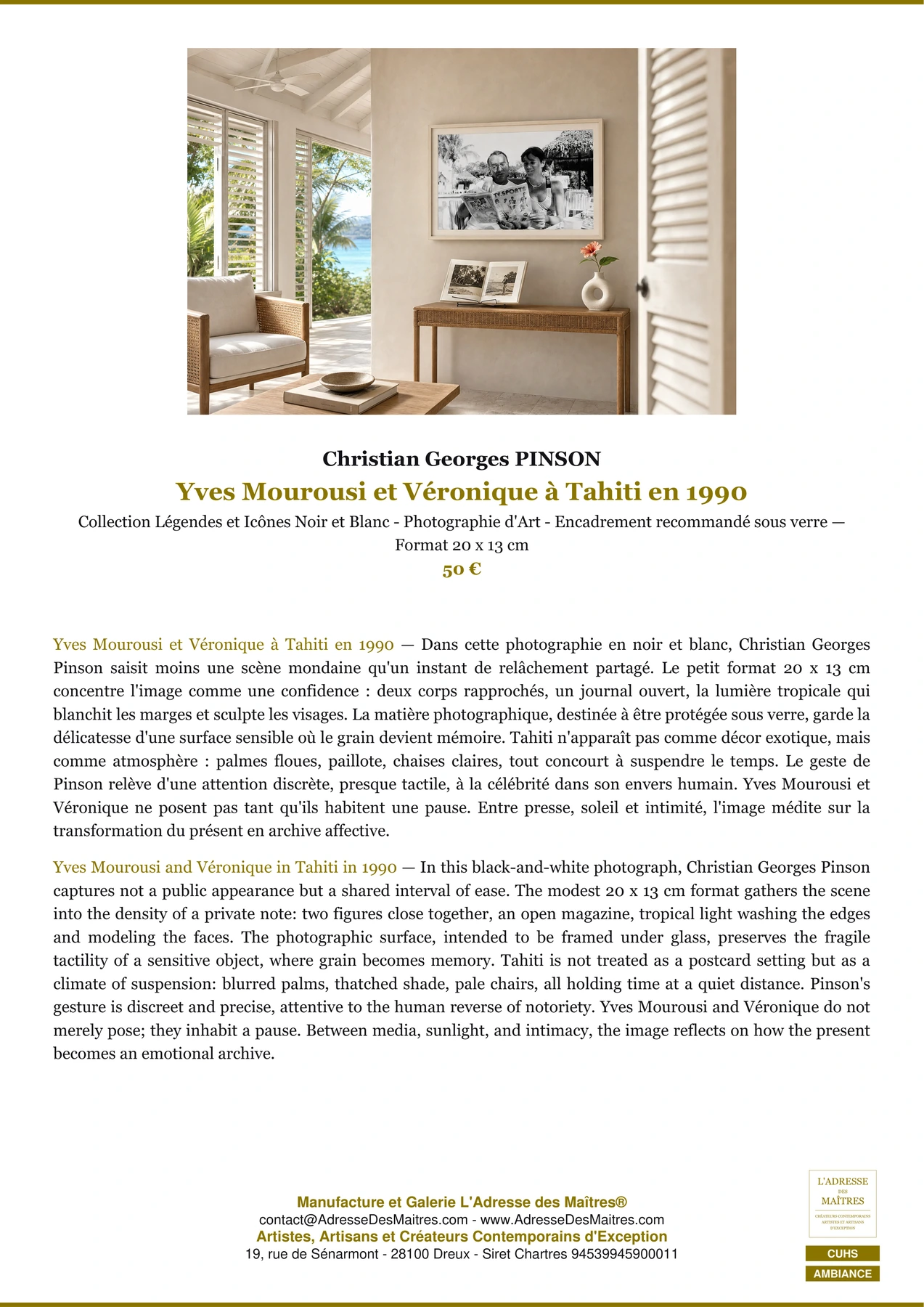 Fiche Premium Ambiance - Yves Mourousi et Véronique à Tahiti en 1990 - Christian Georges PINSON - L'Adresse des Maîtres®