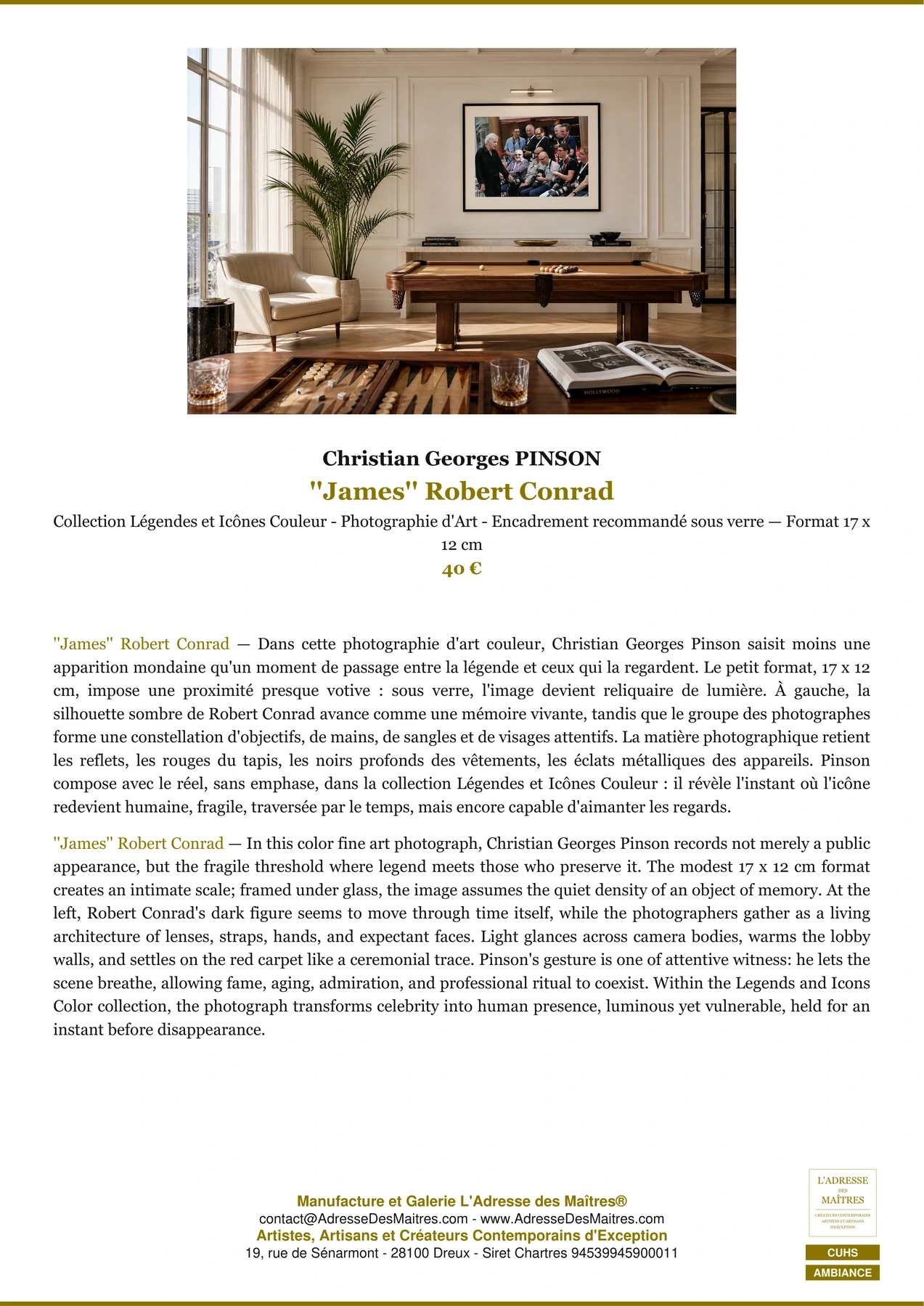 Fiche Premium Ambiance - ''James'' Robert Conrad - Christian Georges PINSON - L'Adresse des Maîtres®