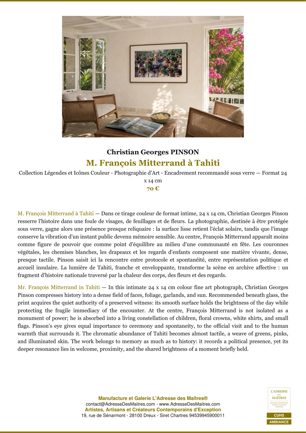 Fiche Premium Ambiance - M. François Mitterrand à Tahiti - Christian Georges PINSON - L'Adresse des Maîtres®