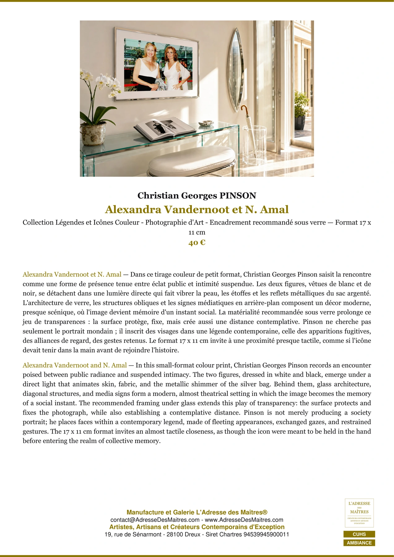 Fiche Premium Ambiance - Alexandra Vandernoot et N. Amal - Christian Georges PINSON - L'Adresse des Maîtres®