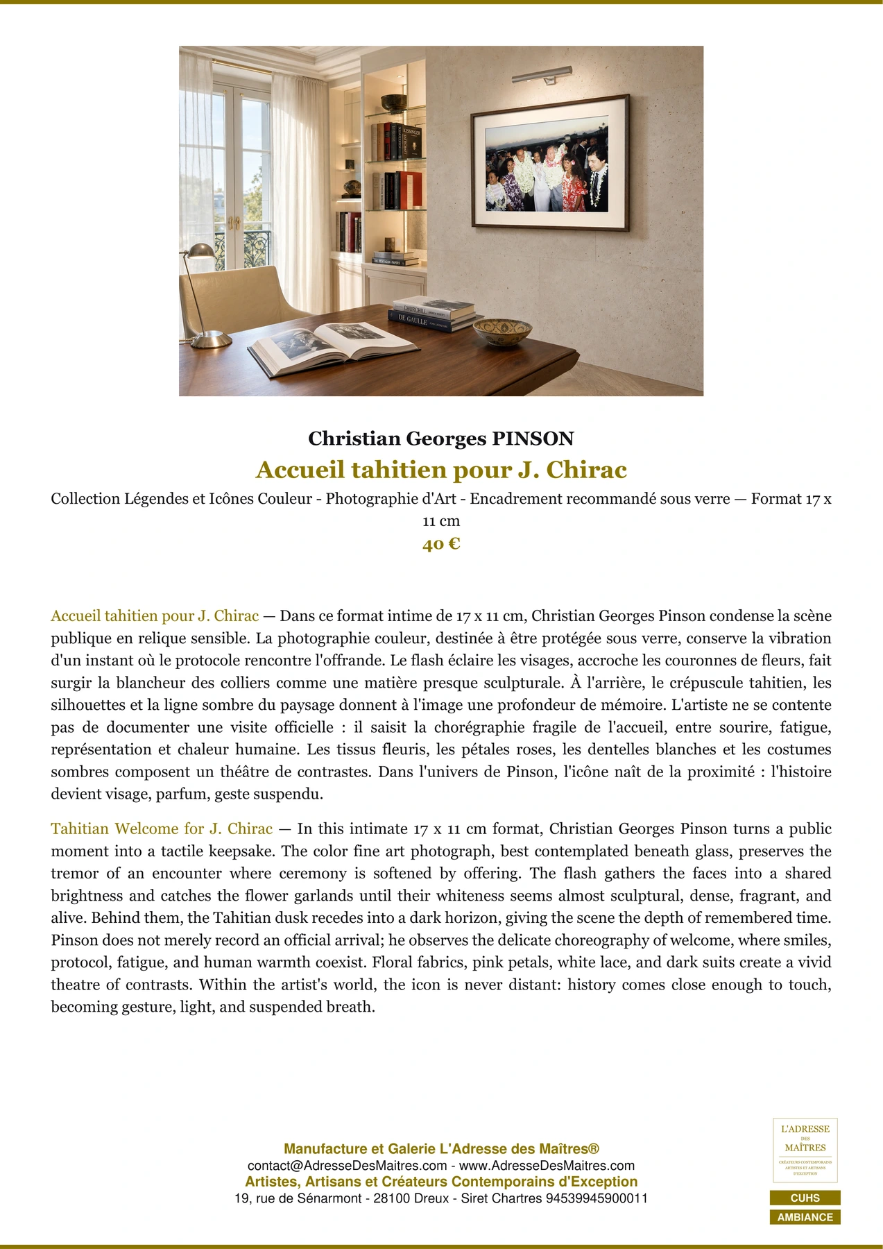 Fiche Premium Ambiance - Accueil tahitien pour J. Chirac - Christian Georges PINSON - L'Adresse des Maîtres®
