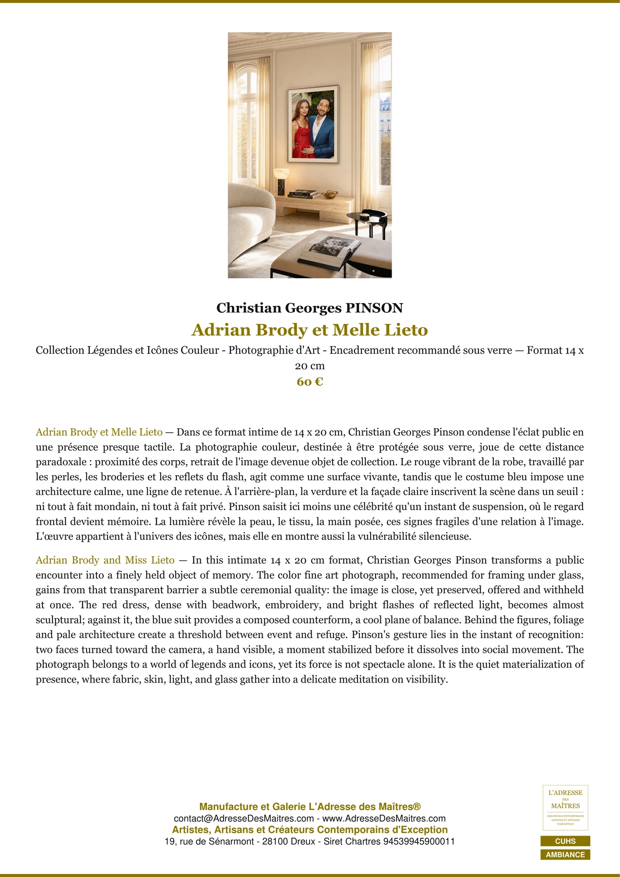 Fiche Premium Ambiance - Adrian Brody et Melle Lieto - Christian Georges PINSON - L'Adresse des Maîtres®