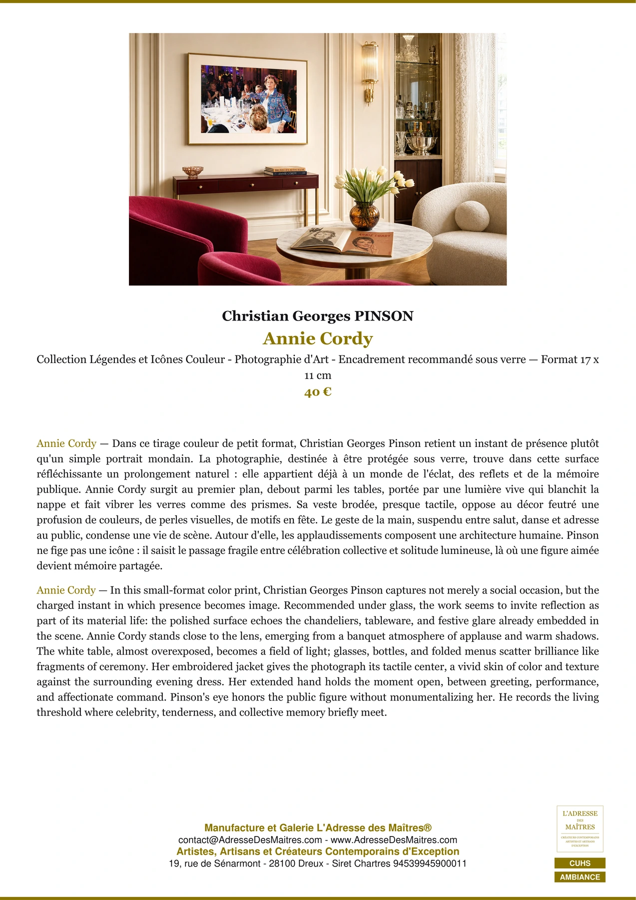 Fiche Premium Ambiance - Annie Cordy - Christian Georges PINSON - L'Adresse des Maîtres®