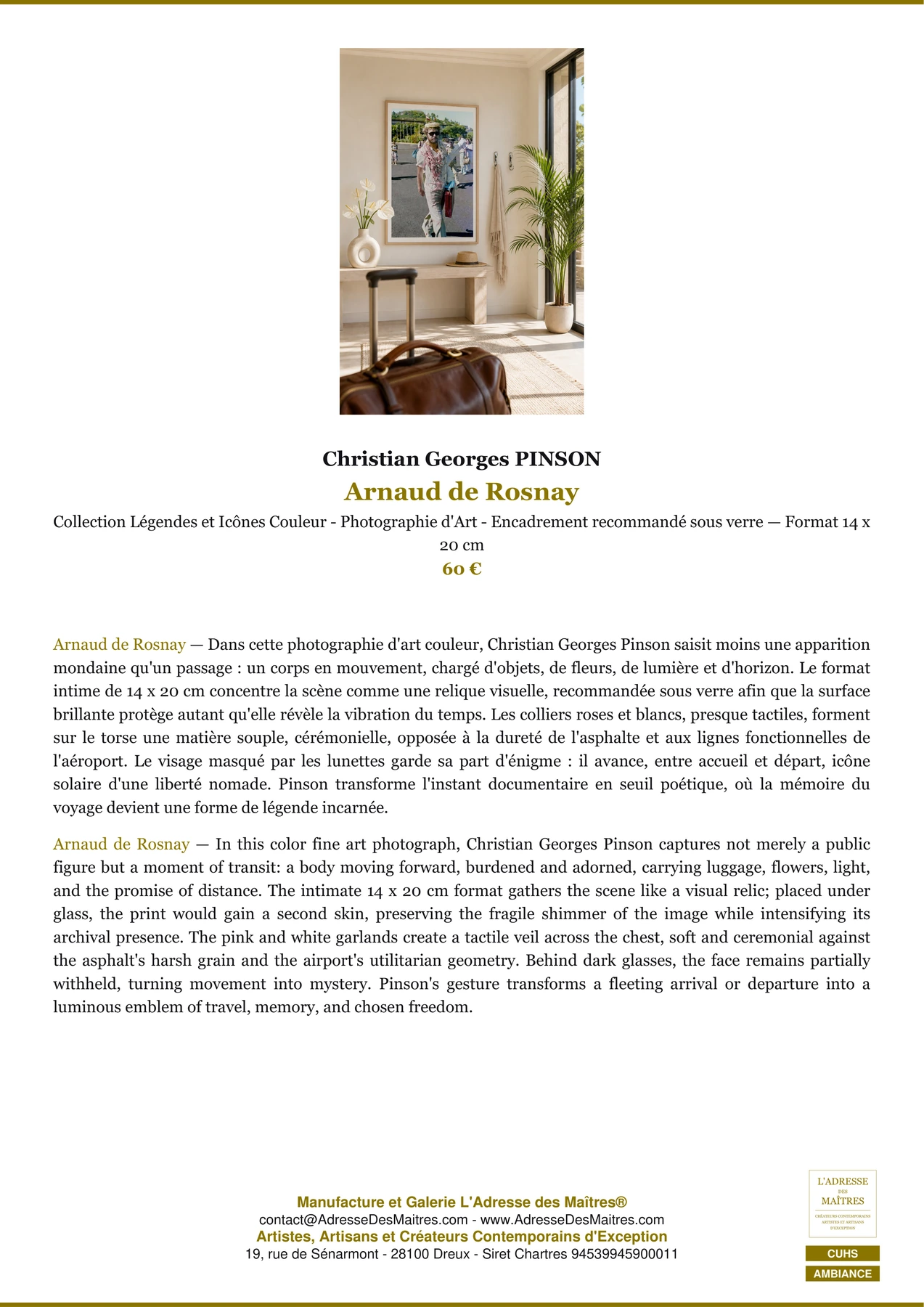 Fiche Premium Ambiance - Arnaud de Rosnay - Christian Georges PINSON - L'Adresse des Maîtres®