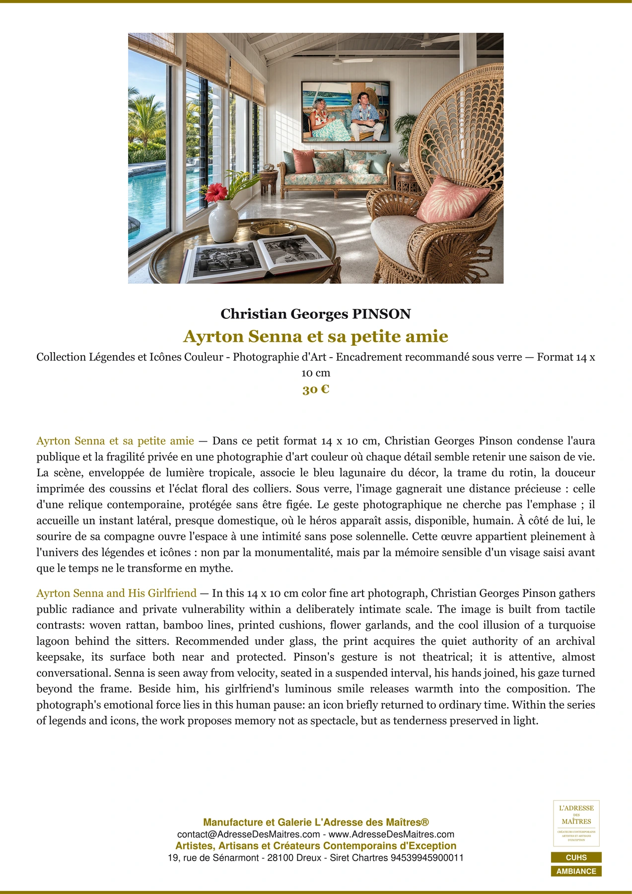 Fiche Premium Ambiance - Ayrton Senna et sa petite amie - Christian Georges PINSON - L'Adresse des Maîtres®