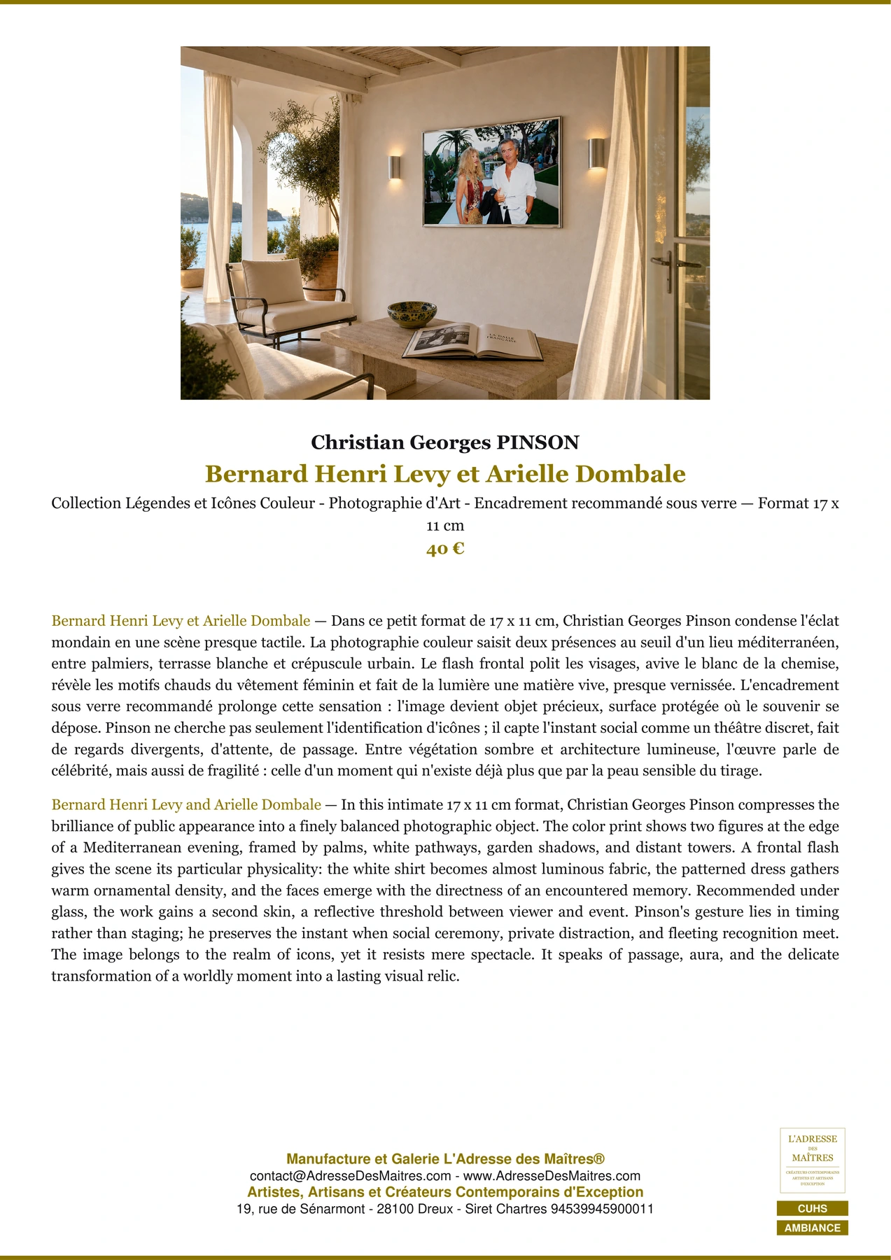 Fiche Premium Ambiance - Bernard Henri Levy et Arielle Dombale - Christian Georges PINSON - L'Adresse des Maîtres®