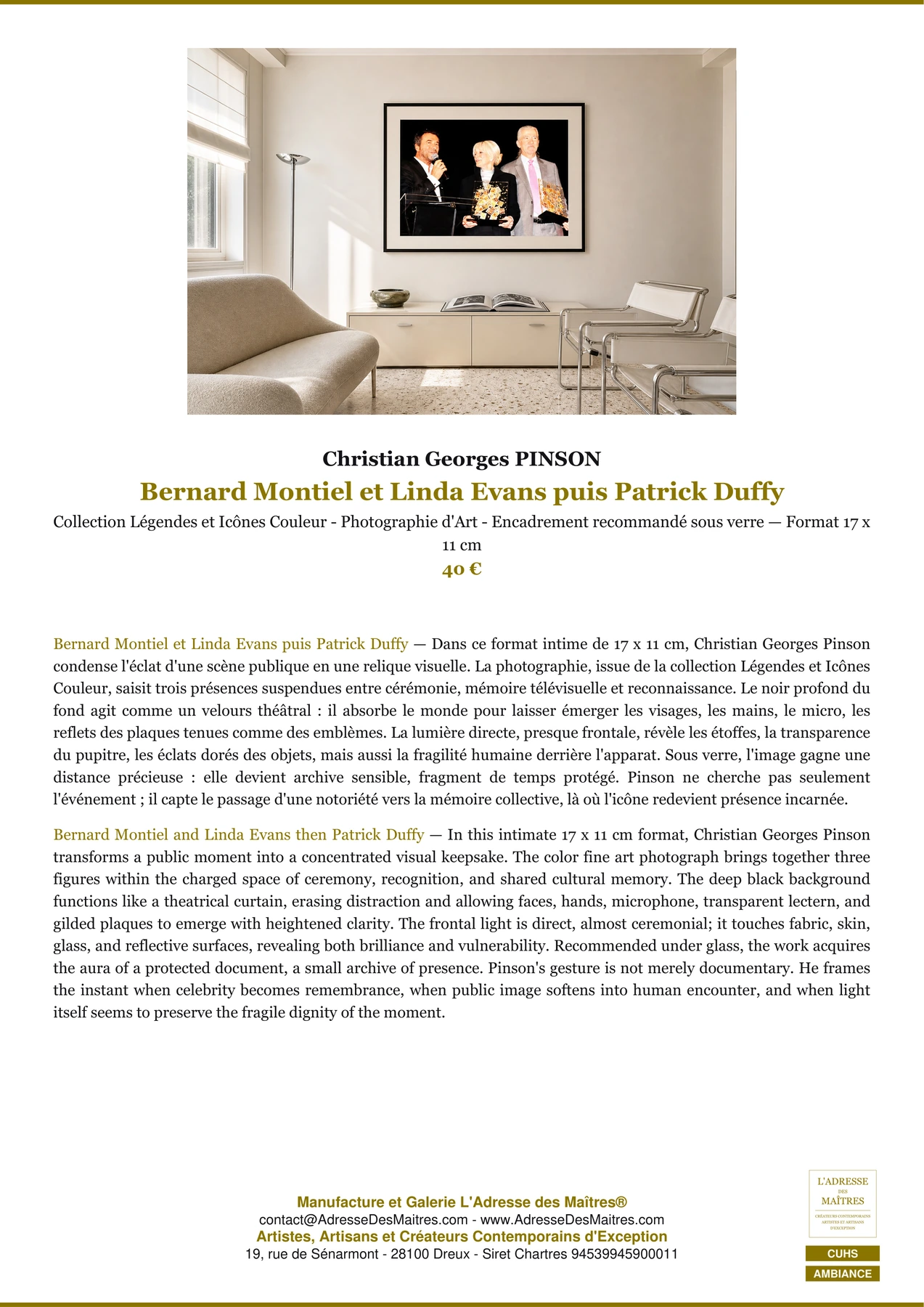 Fiche Premium Ambiance - Bernard Montiel et Linda Evans puis Patrick Duffy - Christian Georges PINSON - L'Adresse des Maîtres®