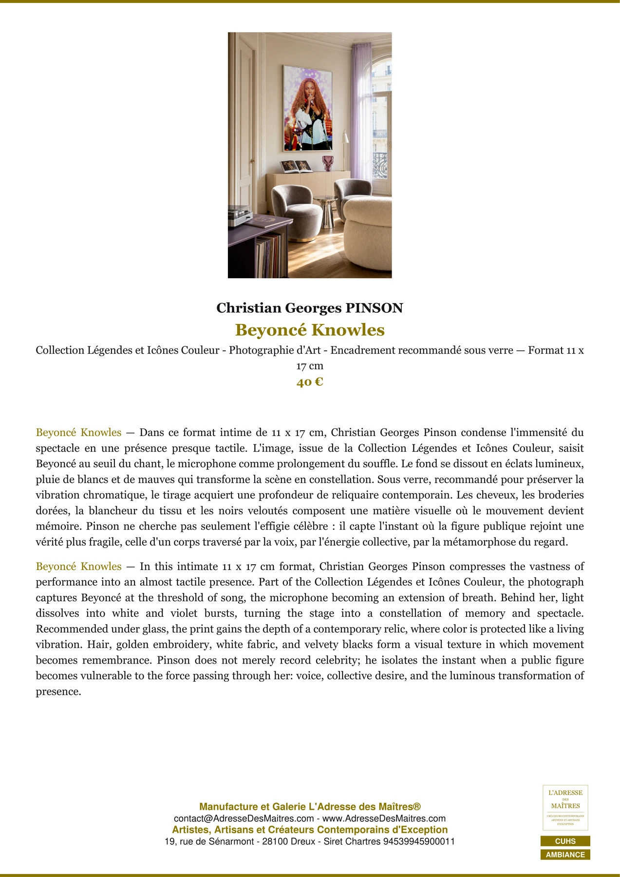 Fiche Premium Ambiance - Beyoncé Knowles - Christian Georges PINSON - L'Adresse des Maîtres®